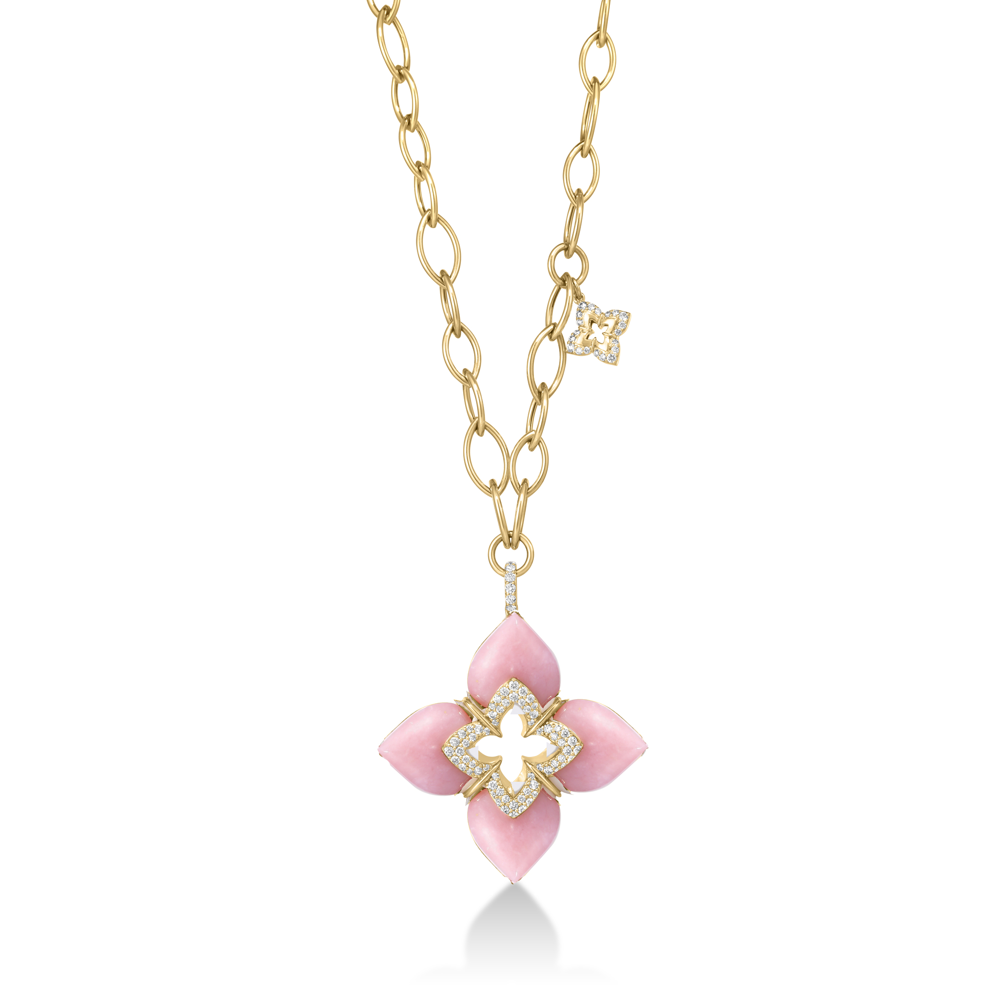18k Yellow Gold Venetian Princess Cabochon Diamond & Pink Opal Flower Long Necklace