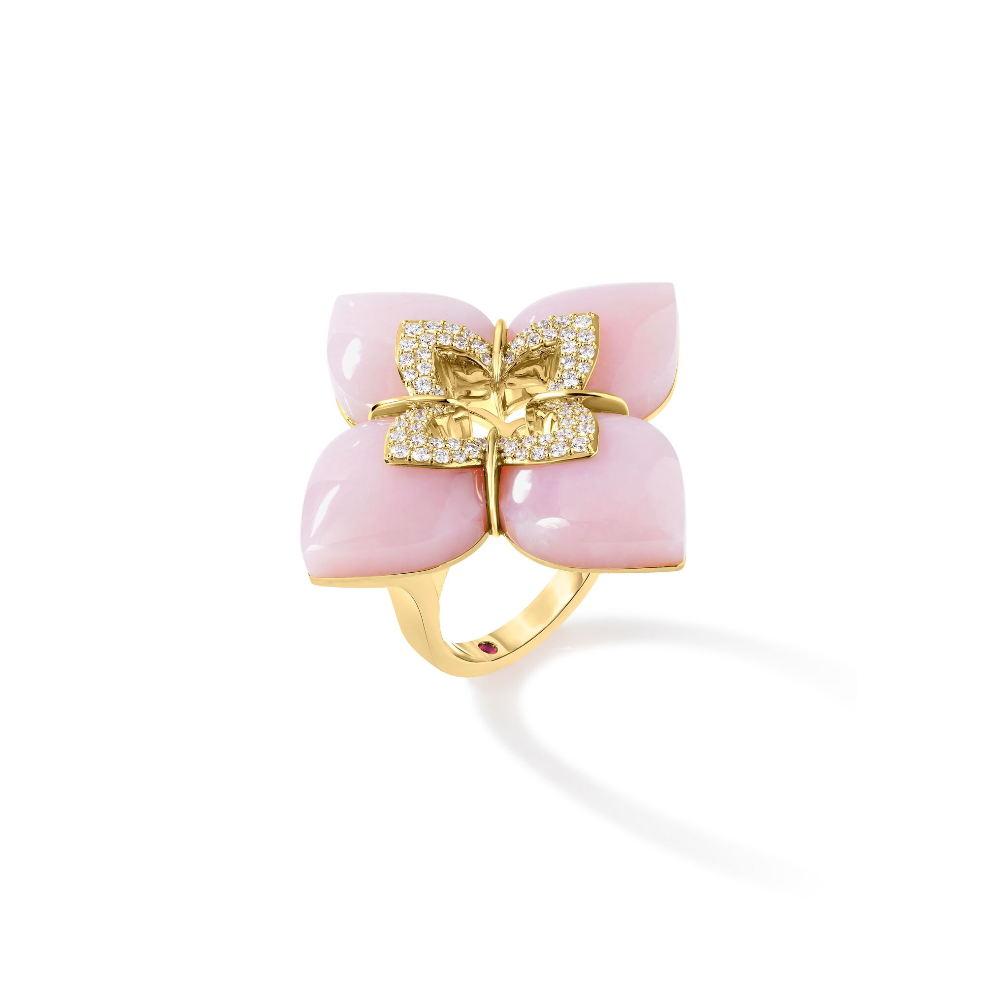 18k Yellow Gold Venetian Princess Cabochon Diamond & Pink Opal Flower Ring