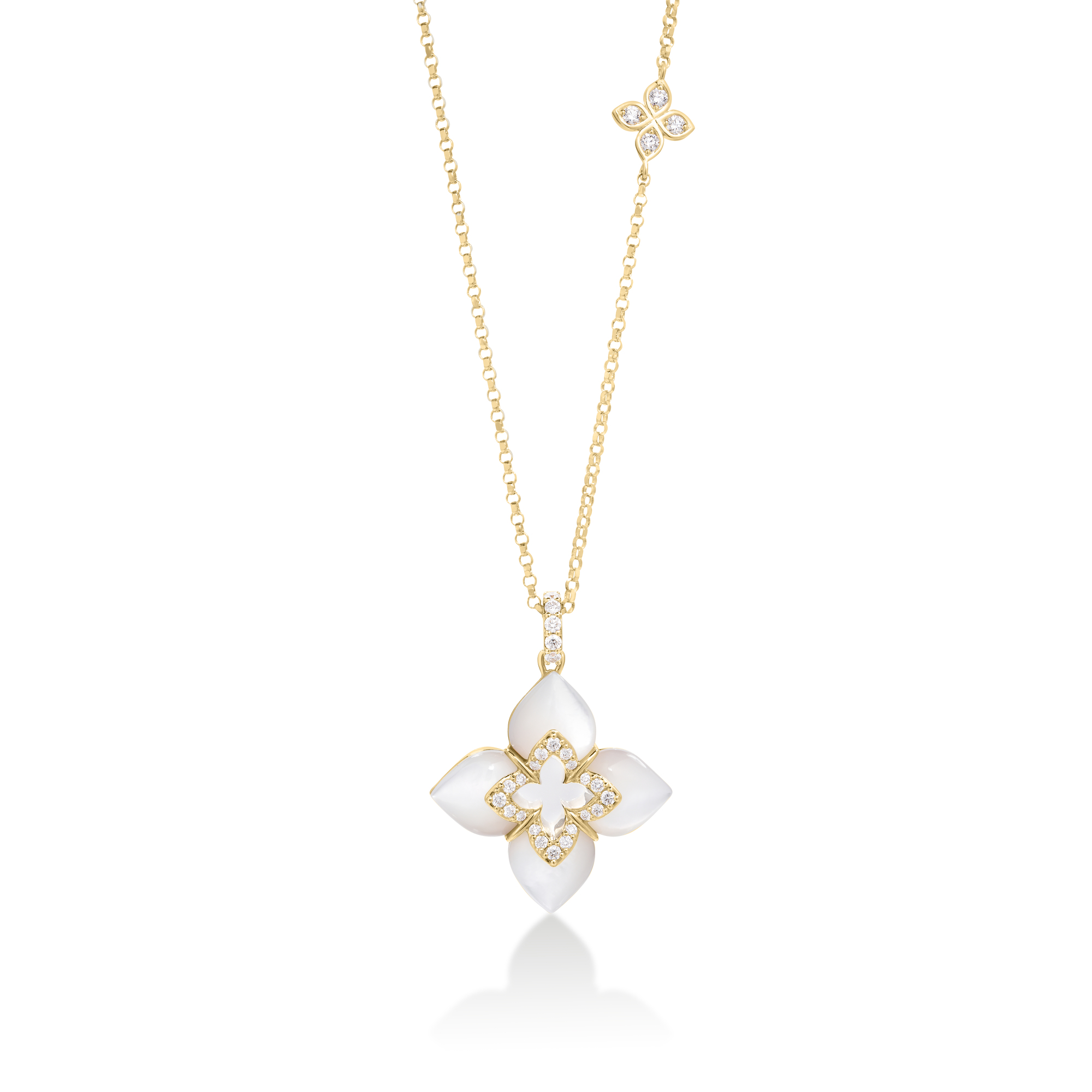 18k Yellow Gold Venetian Princess Cabochon Diamond & Mother Of Pearl Flower Necklace