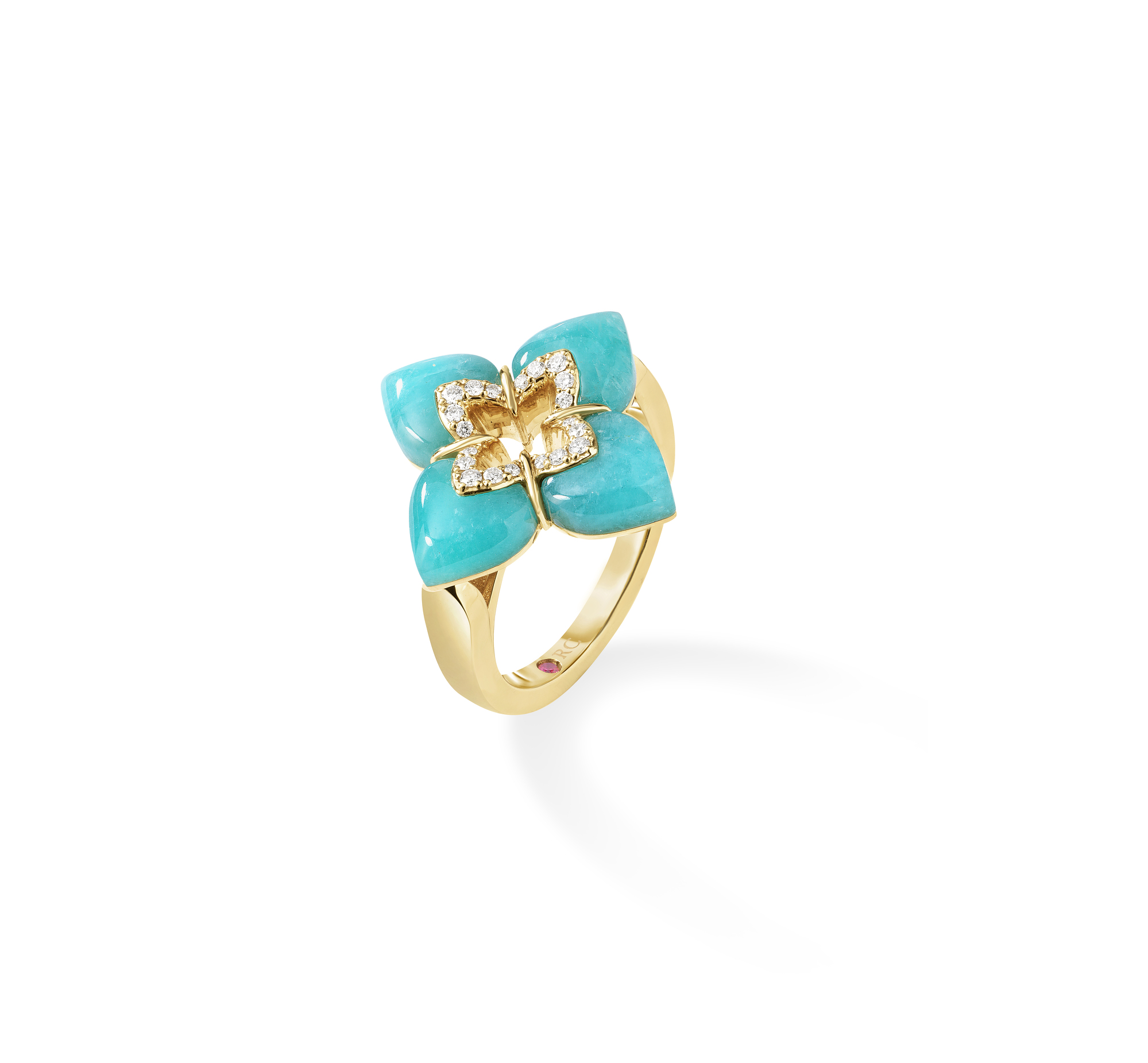 18k Yellow Gold Venetian Princess Cabochon Diamond & Amazonite Flower Ring