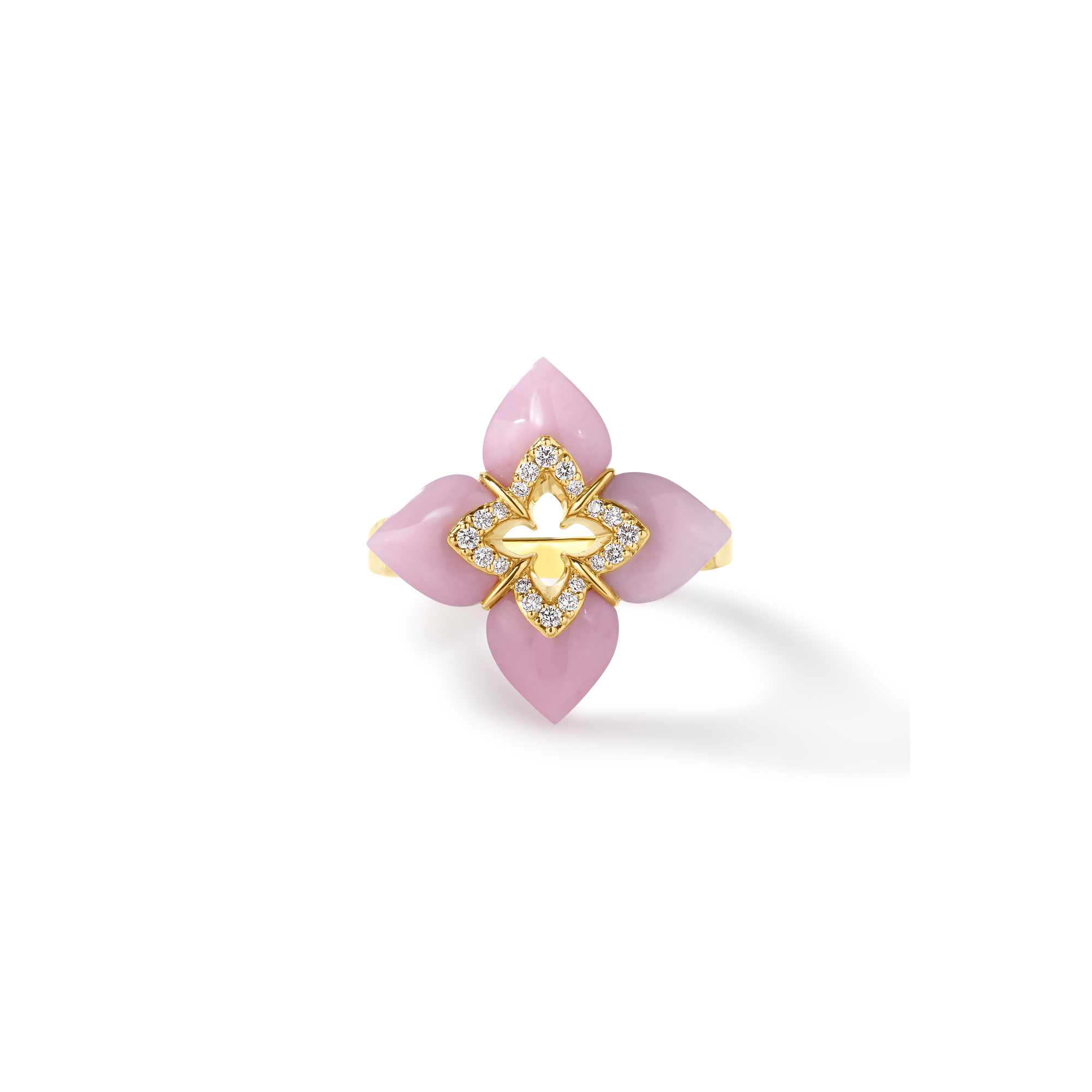 18k Yellow Gold Venetian Princess Cabochon Diamond & Pink Opal Flower Ring