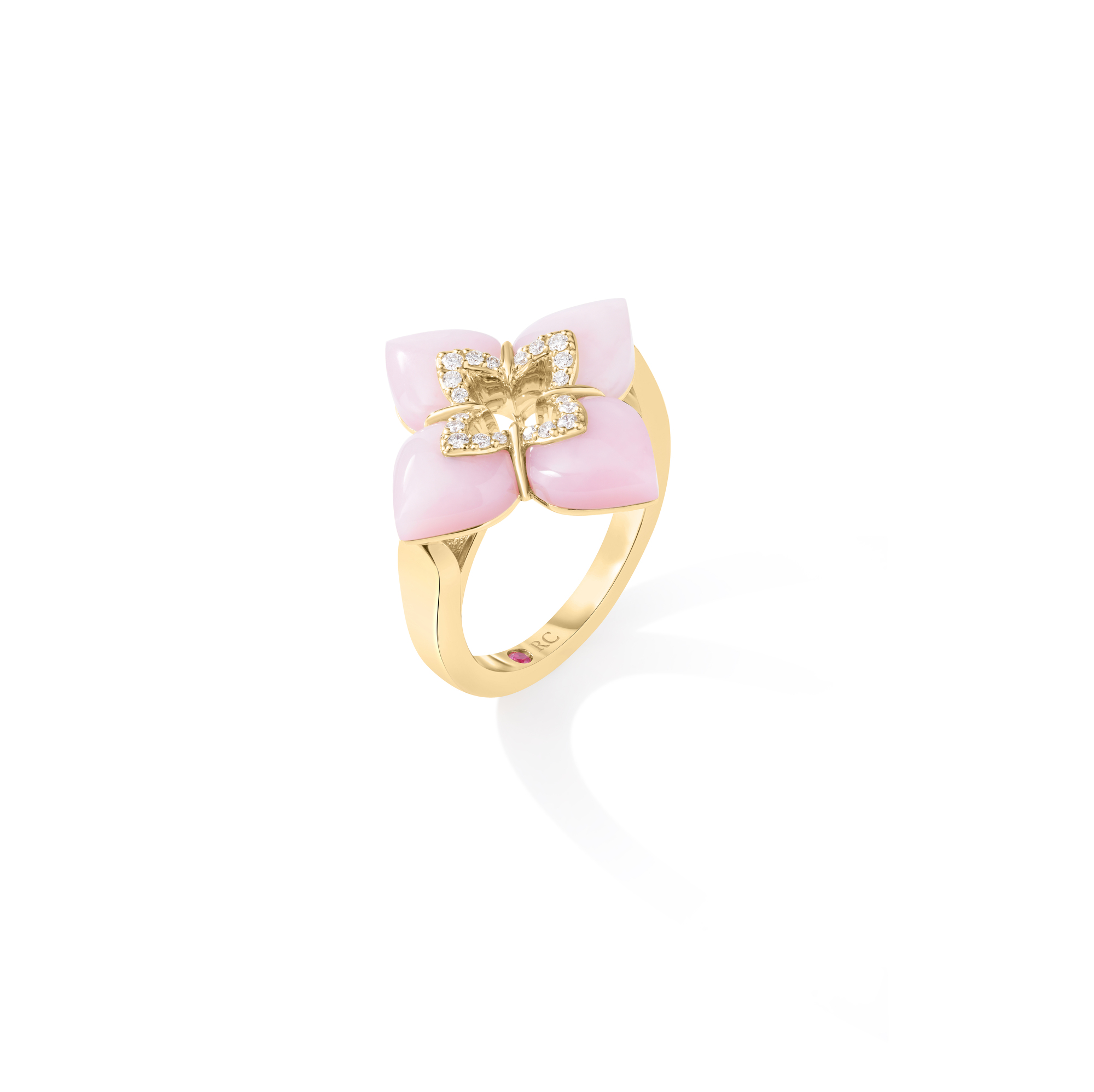 18k Yellow Gold Venetian Princess Cabochon Diamond & Pink Opal Flower Ring