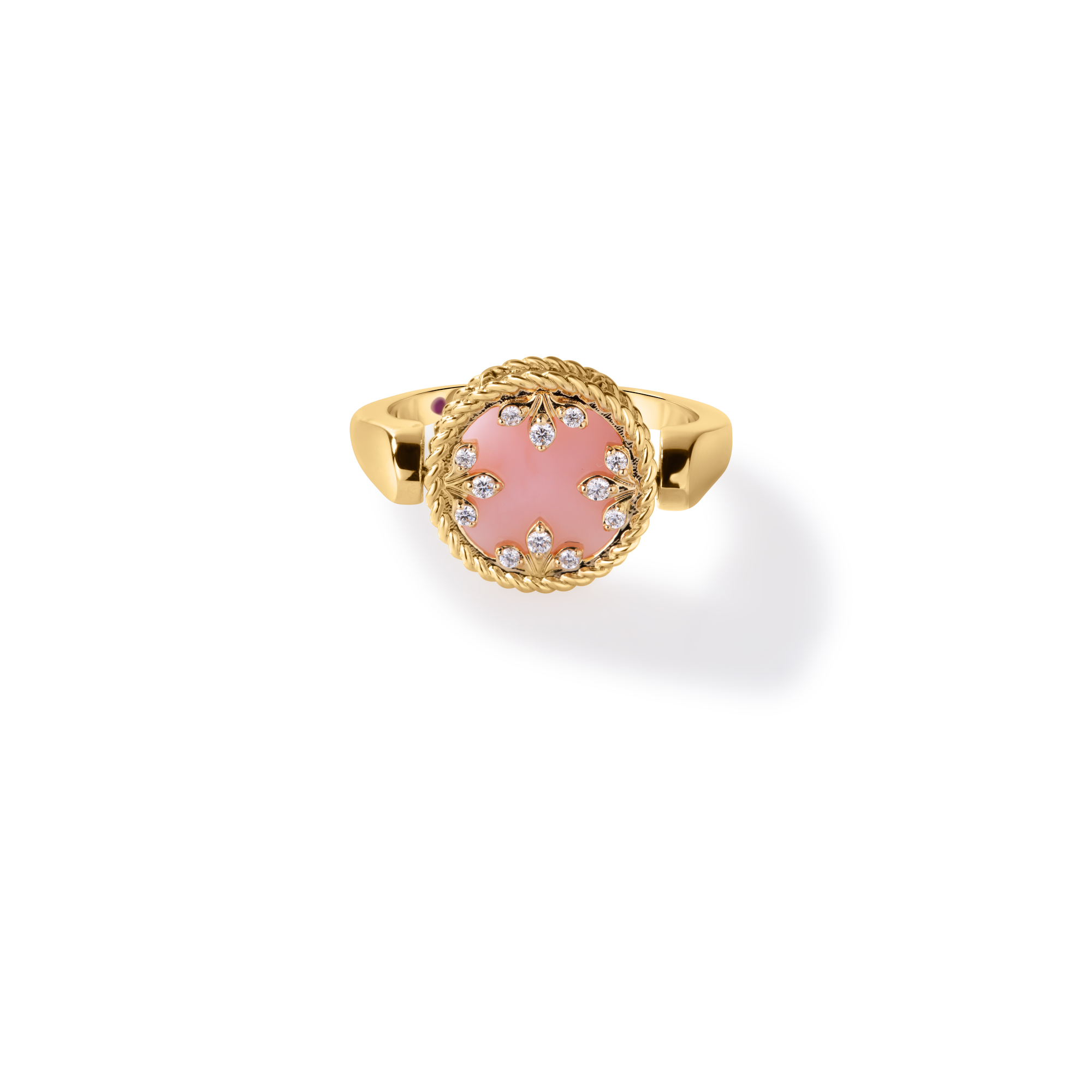 18k Yellow Gold Venetian Medallions Small Diamond, Mother Of Pearl, & Pink Opal Reversible Ring