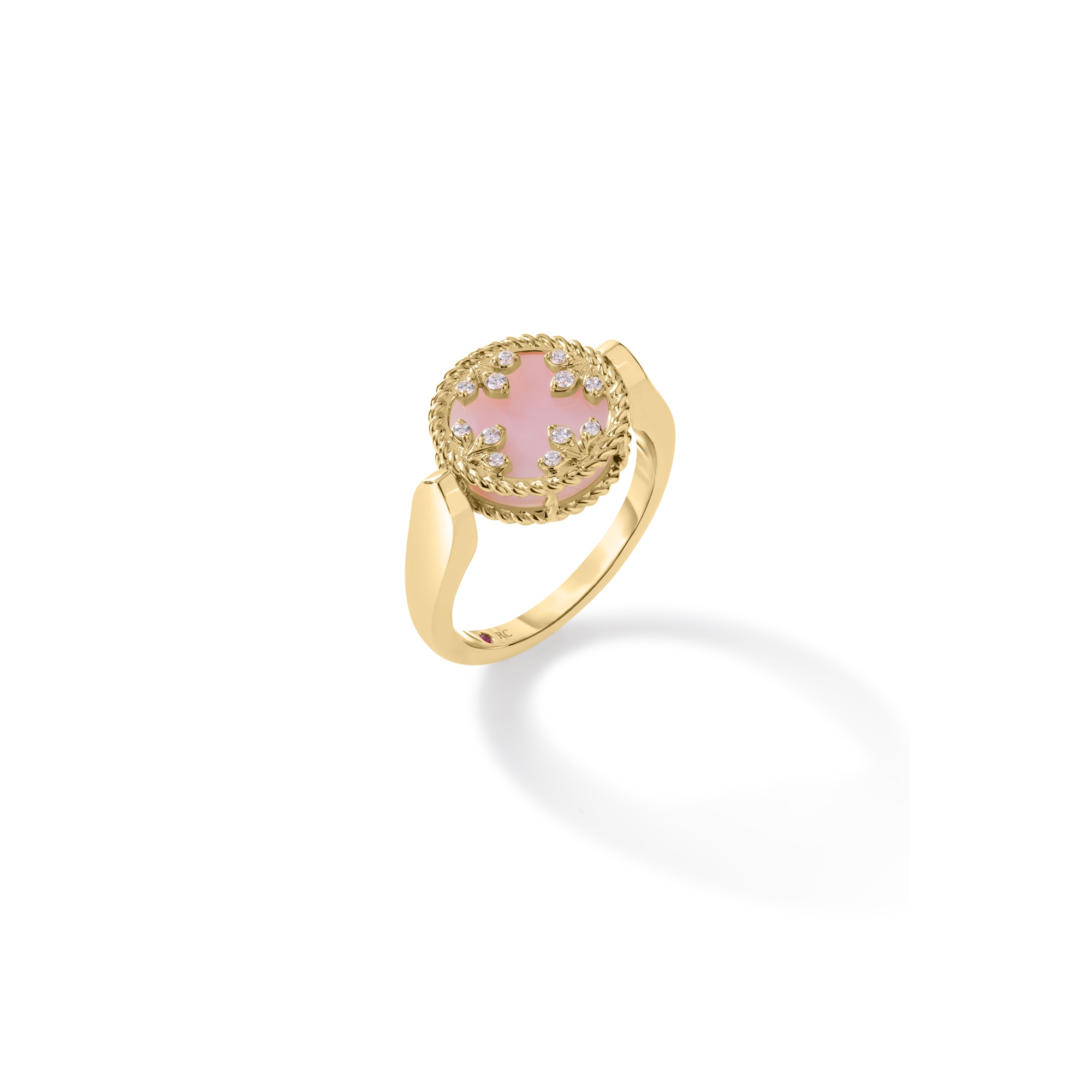 18k Yellow Gold Venetian Medallions Small Diamond, Mother Of Pearl, & Pink Opal Reversible Ring
