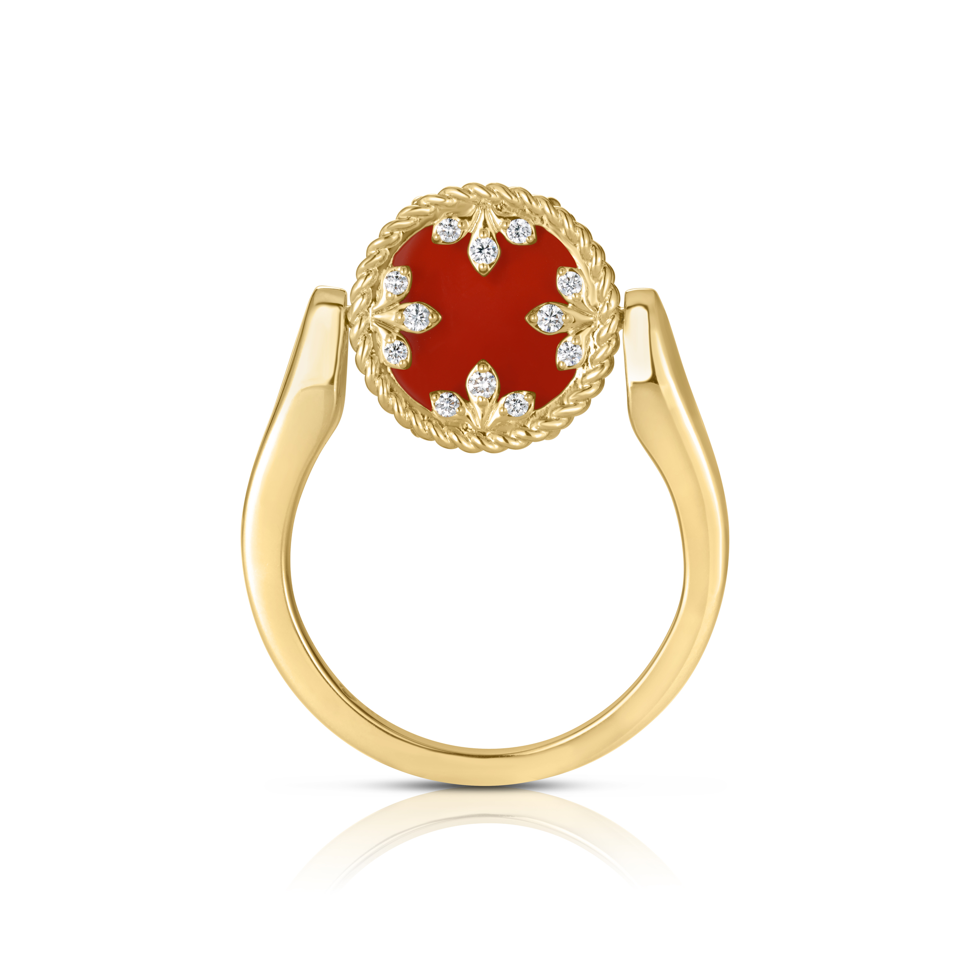 18k Yellow Gold Venetian Medallions Small Diamond, Red Agate, & Mother Of Pearl Reversible Ring
