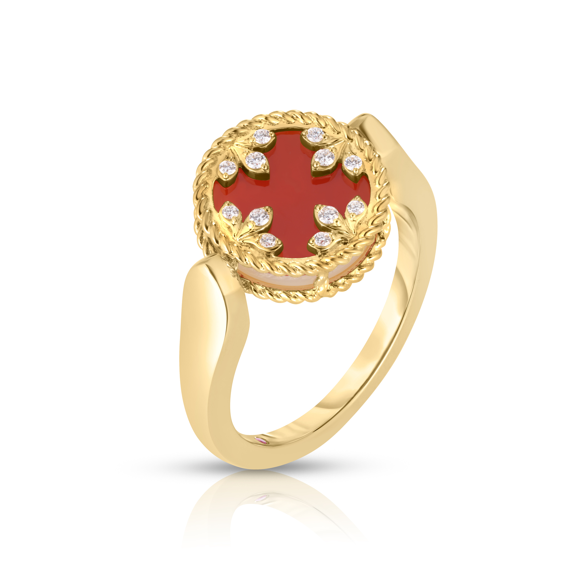 18k Yellow Gold Venetian Medallions Small Diamond, Red Agate, & Mother Of Pearl Reversible Ring