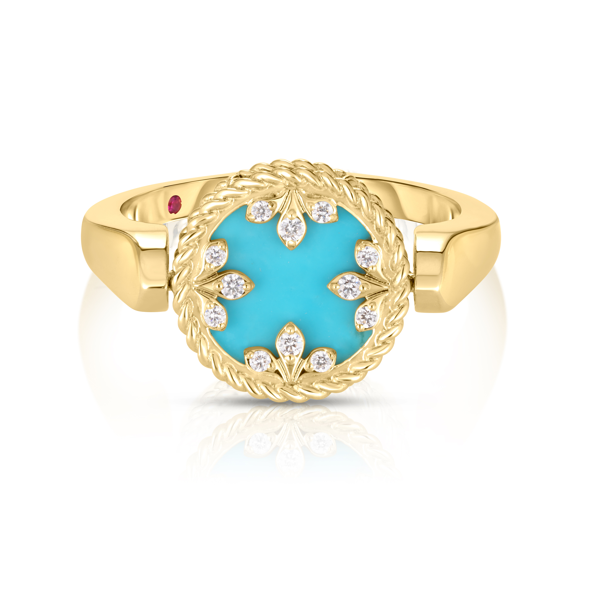 18k Yellow Gold Venetian Medallions Small Diamond, Turquoise , & Mother Of Pearl Reversible Ring