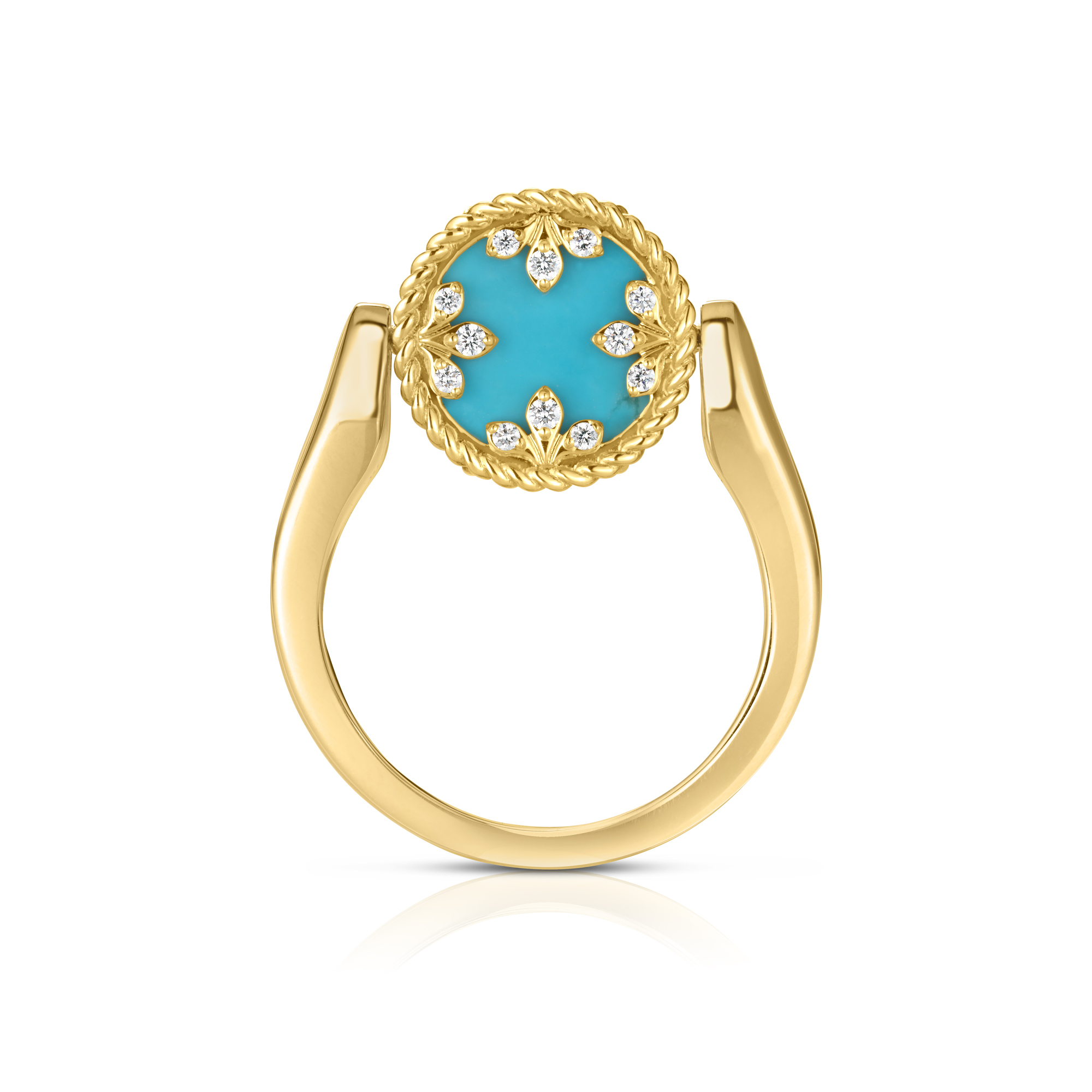 18k Yellow Gold Venetian Medallions Small Diamond, Turquoise , & Mother Of Pearl Reversible Ring