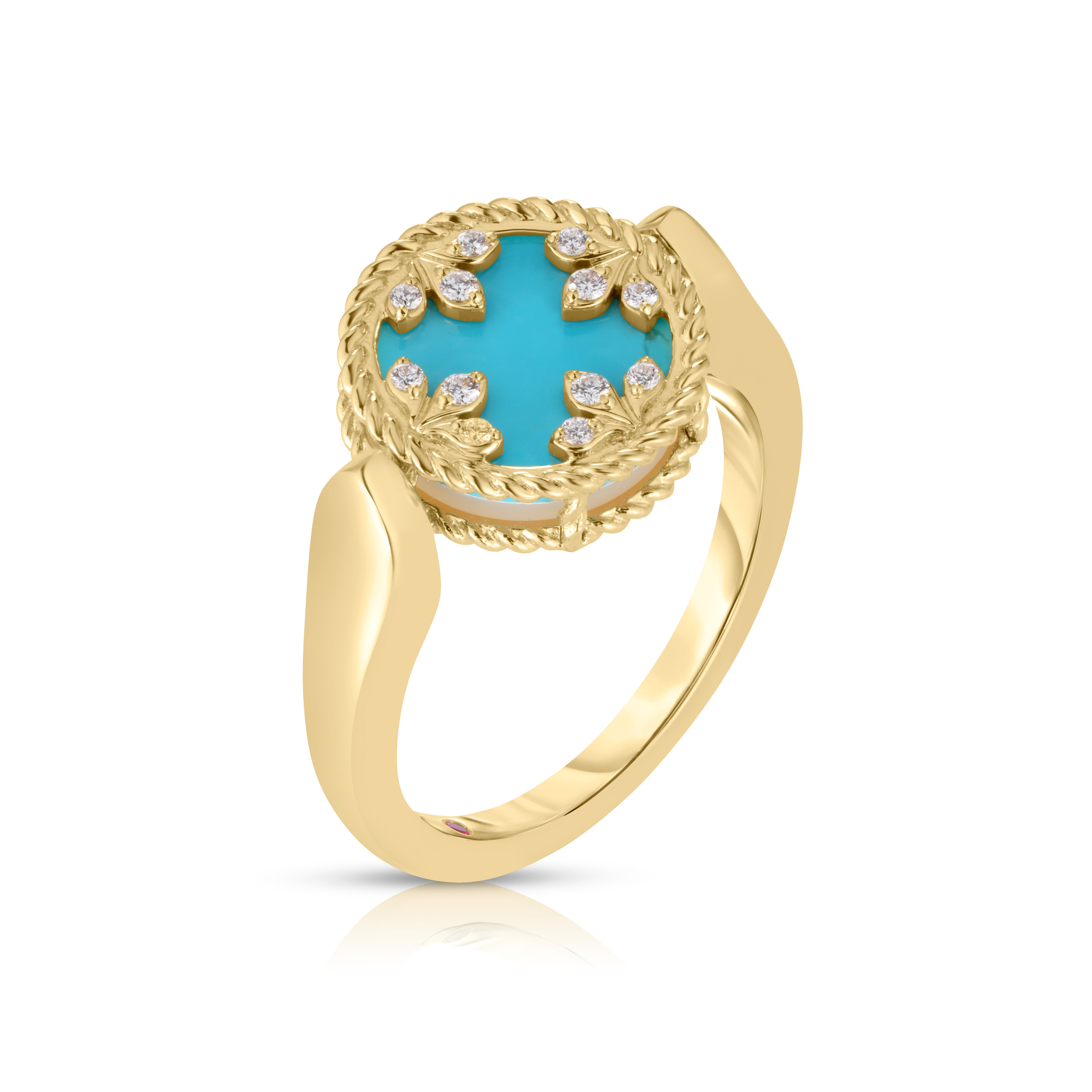 18k Yellow Gold Venetian Medallions Small Diamond, Turquoise , & Mother Of Pearl Reversible Ring