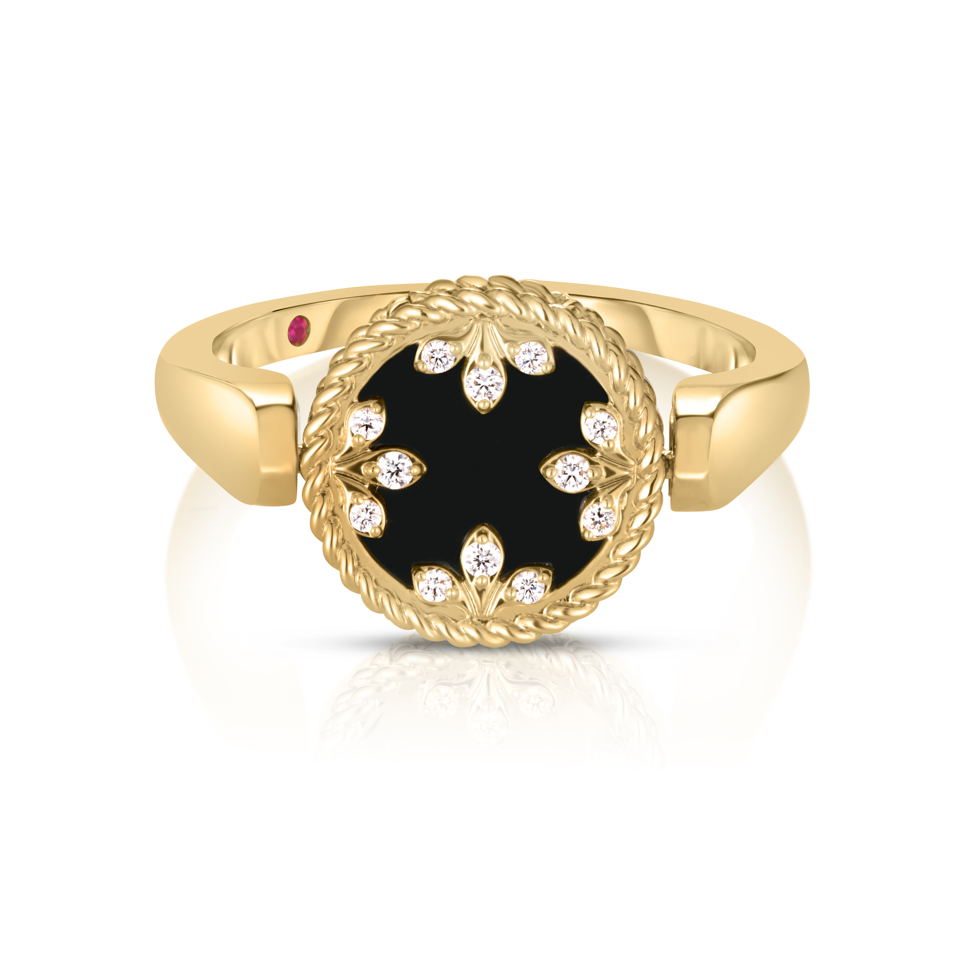 18k Yellow Gold Venetian Medallions Small Diamond, Black Jade, & Mother Of Pearl Reversible Ring