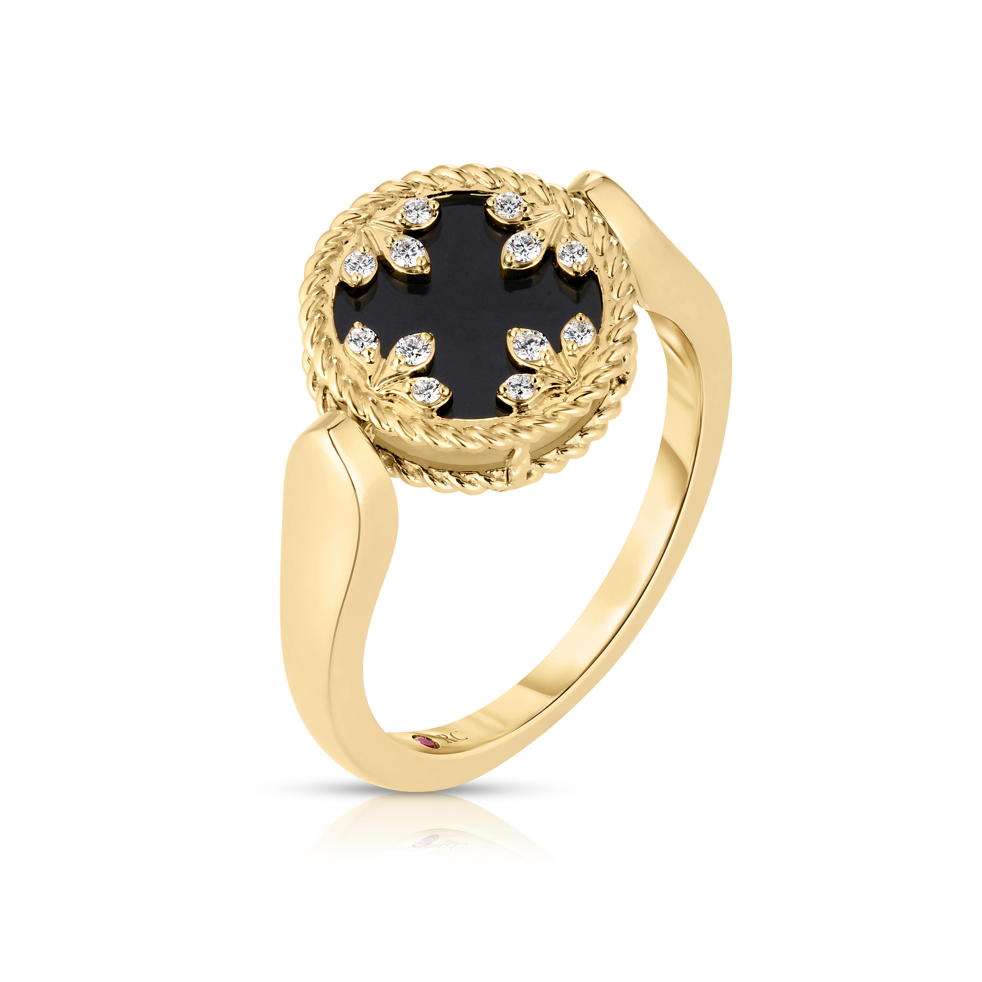18k Yellow Gold Venetian Medallions Small Diamond, Black Jade, & Mother Of Pearl Reversible Ring