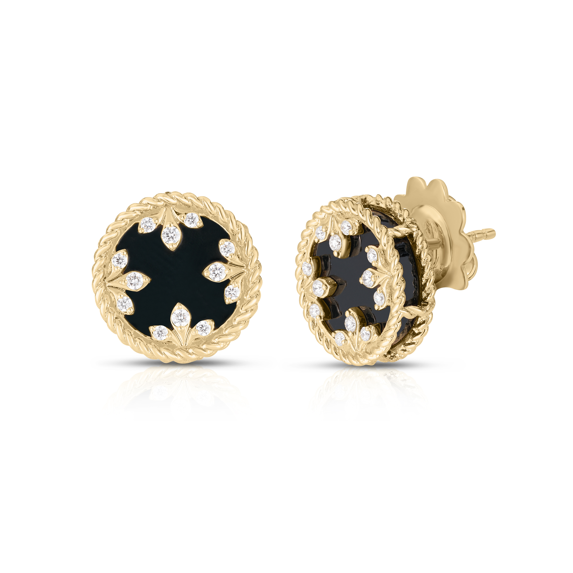 18k Yellow Gold Venetian Medallions Small Diamond & Black Jade Stud Earrings