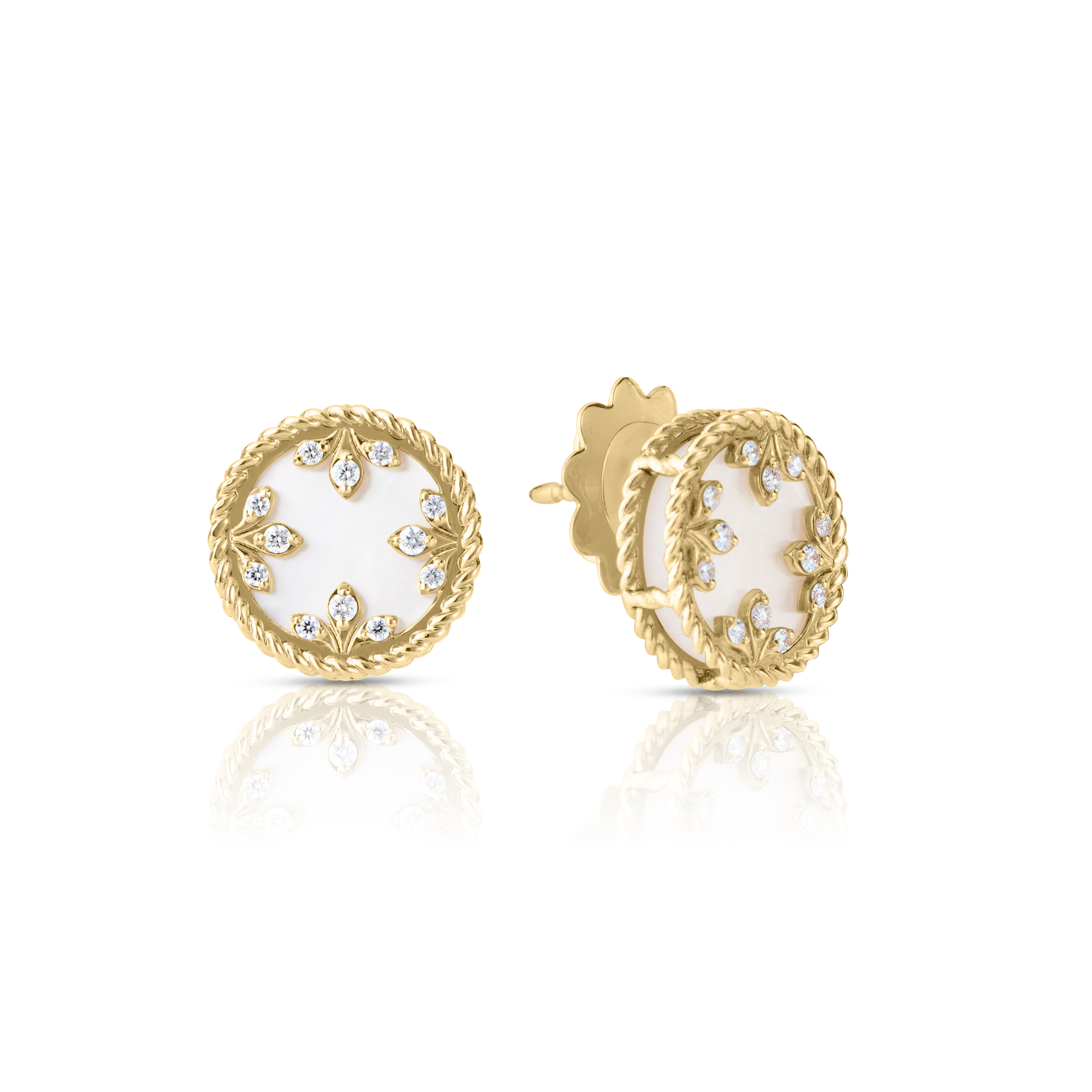 18k Yellow Gold Venetian Medallions Small Diamond And Mother Of Pearl Stud Earrings