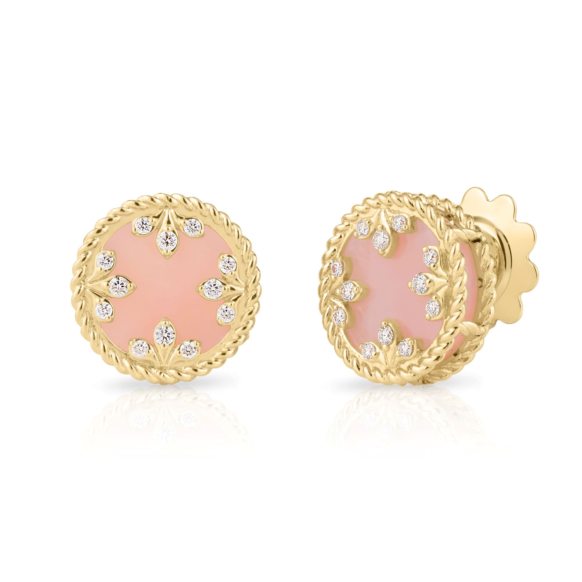 18k Yellow Gold Venetian Medallions Small Diamond And Pink Opal Stud Earrings