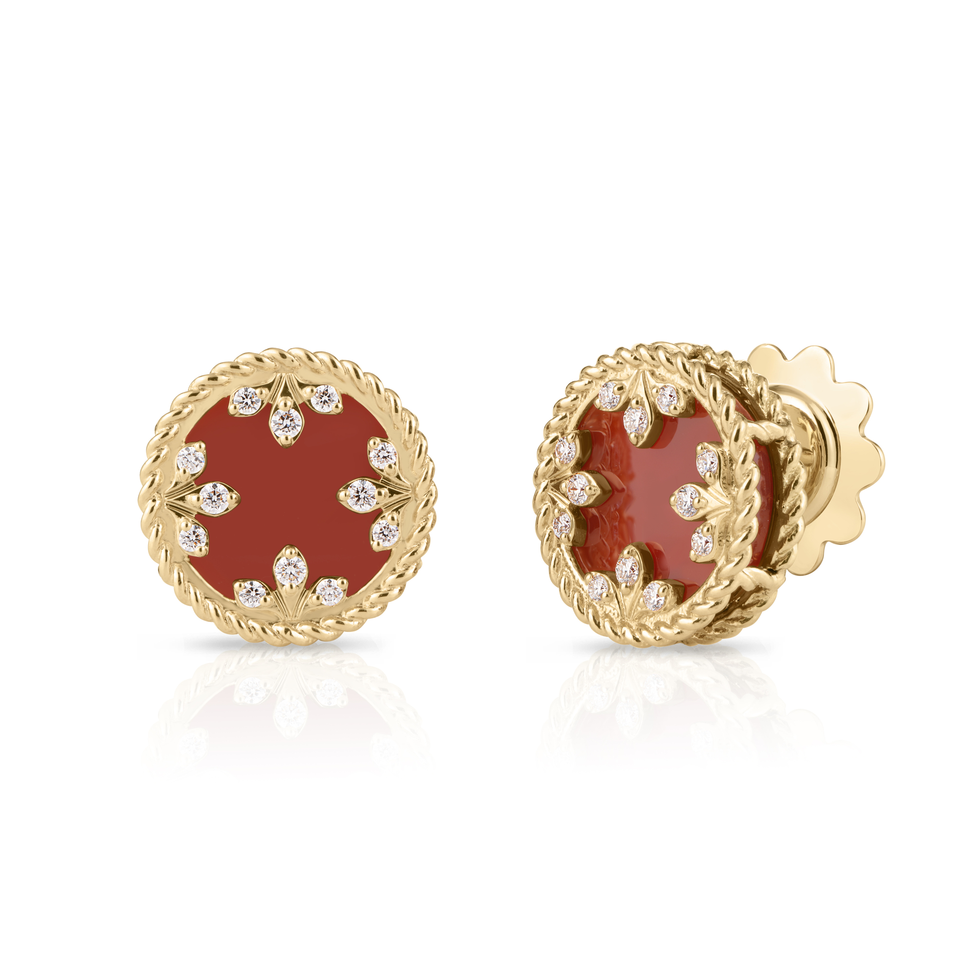 18k Yellow Gold Venetian Medallions Small Diamond And Red Agate Stud Earrings