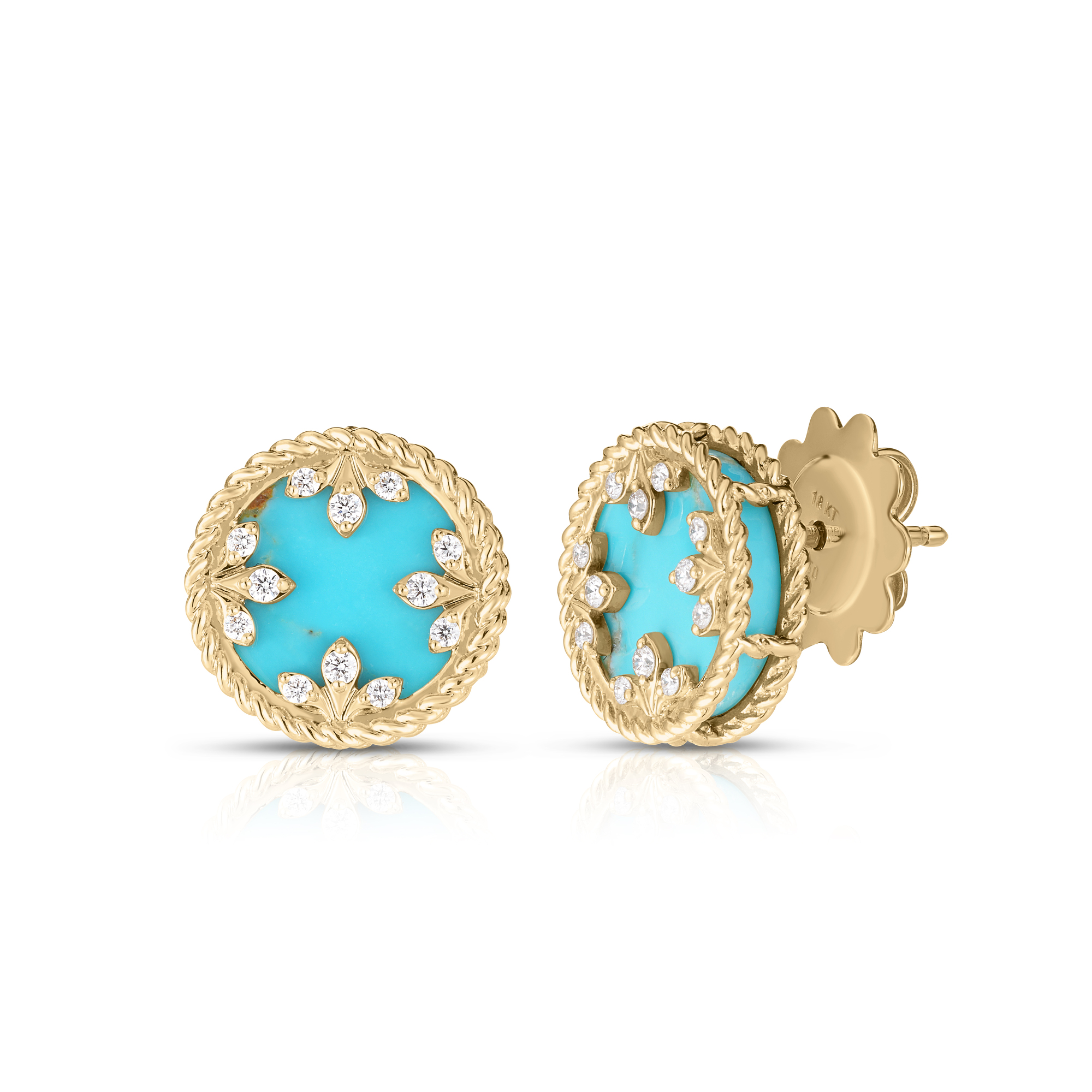 18k Yellow Gold Venetian Medallions Small Diamond And Turquoise Stud Earrings