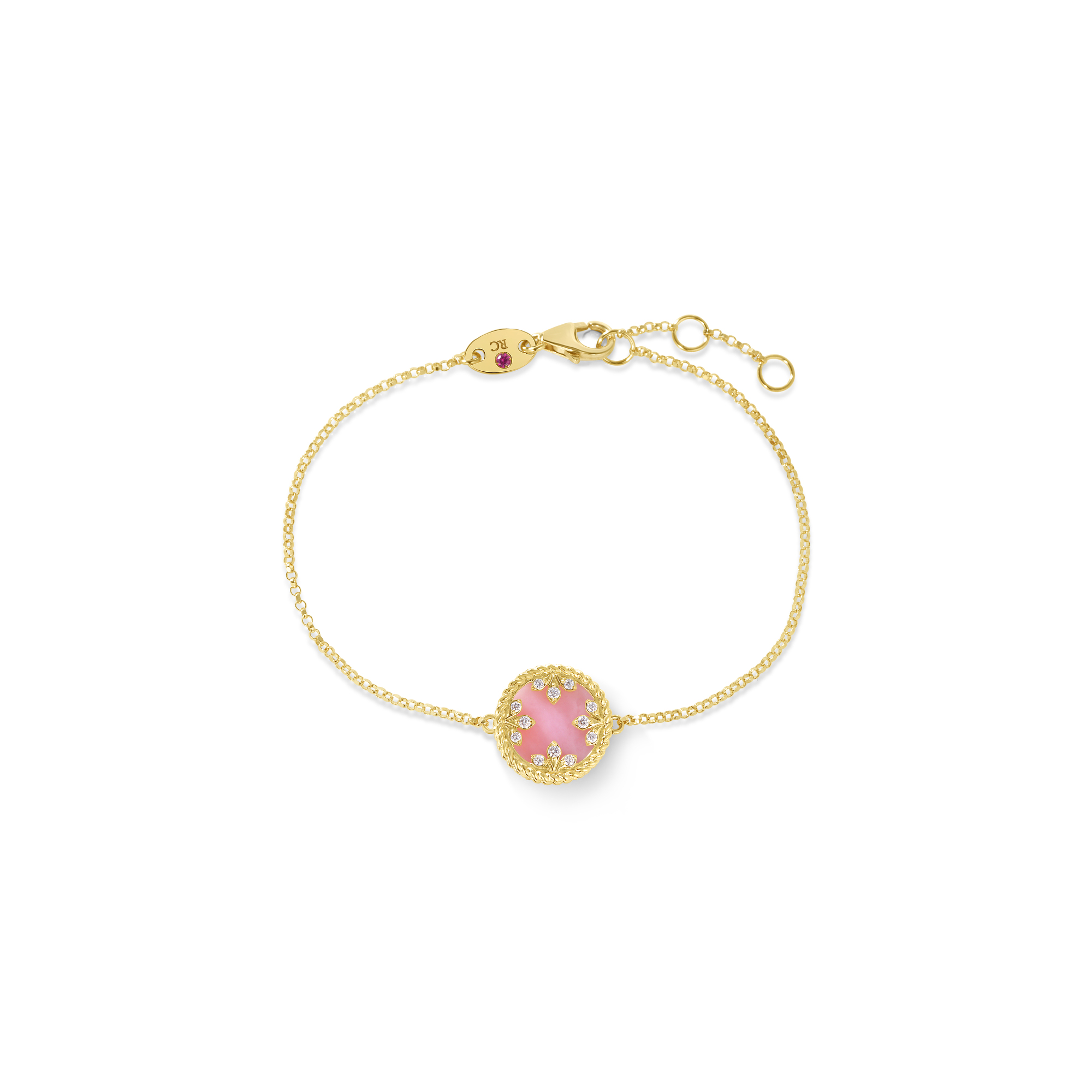 18k Yellow Gold Venetian Medallions Small Diamond And Pink Opal Bracelet