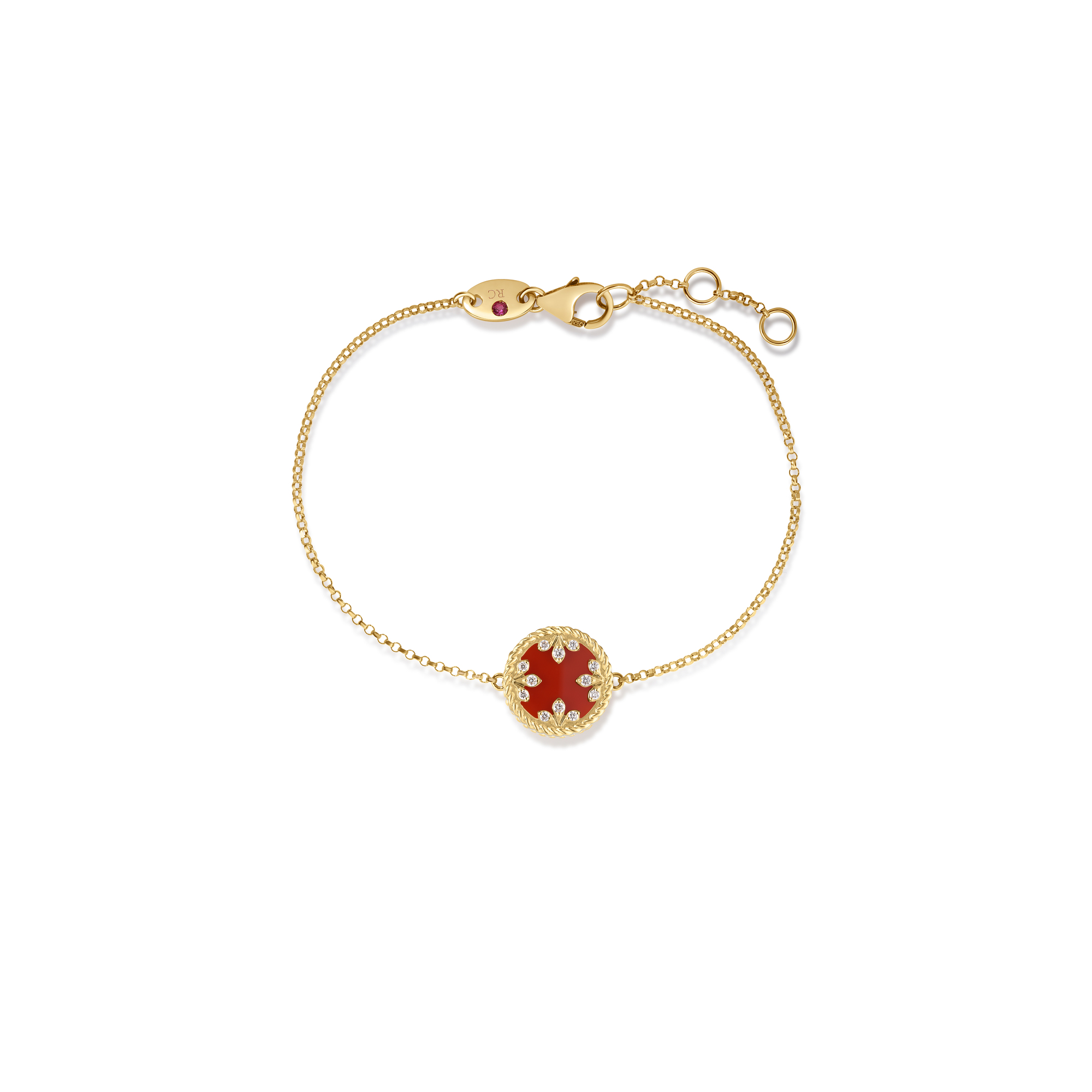 18k Yellow Gold Venetian Medallions Small Diamond And Red Agate Bracelet