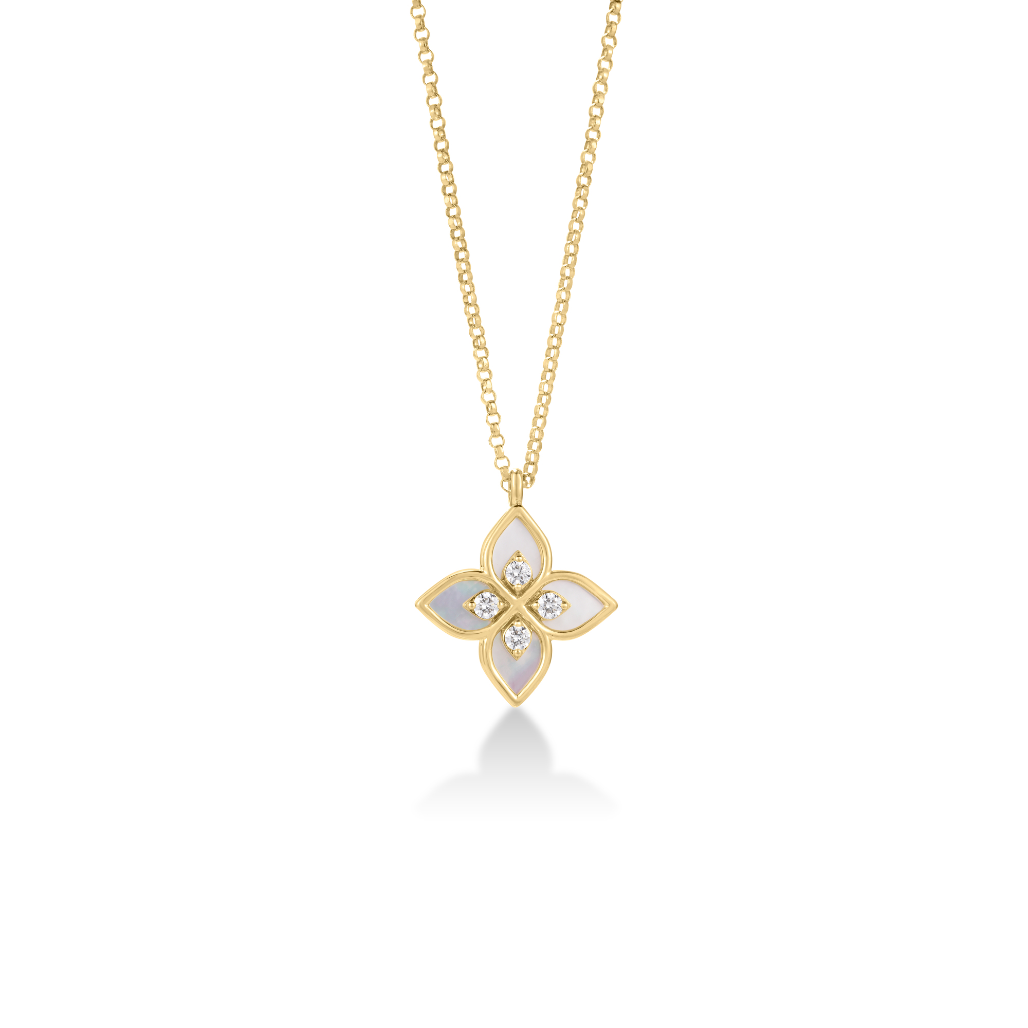 18k Yellow Gold Venetian Princess Diamond & Mother Of Pearl Flower Necklace