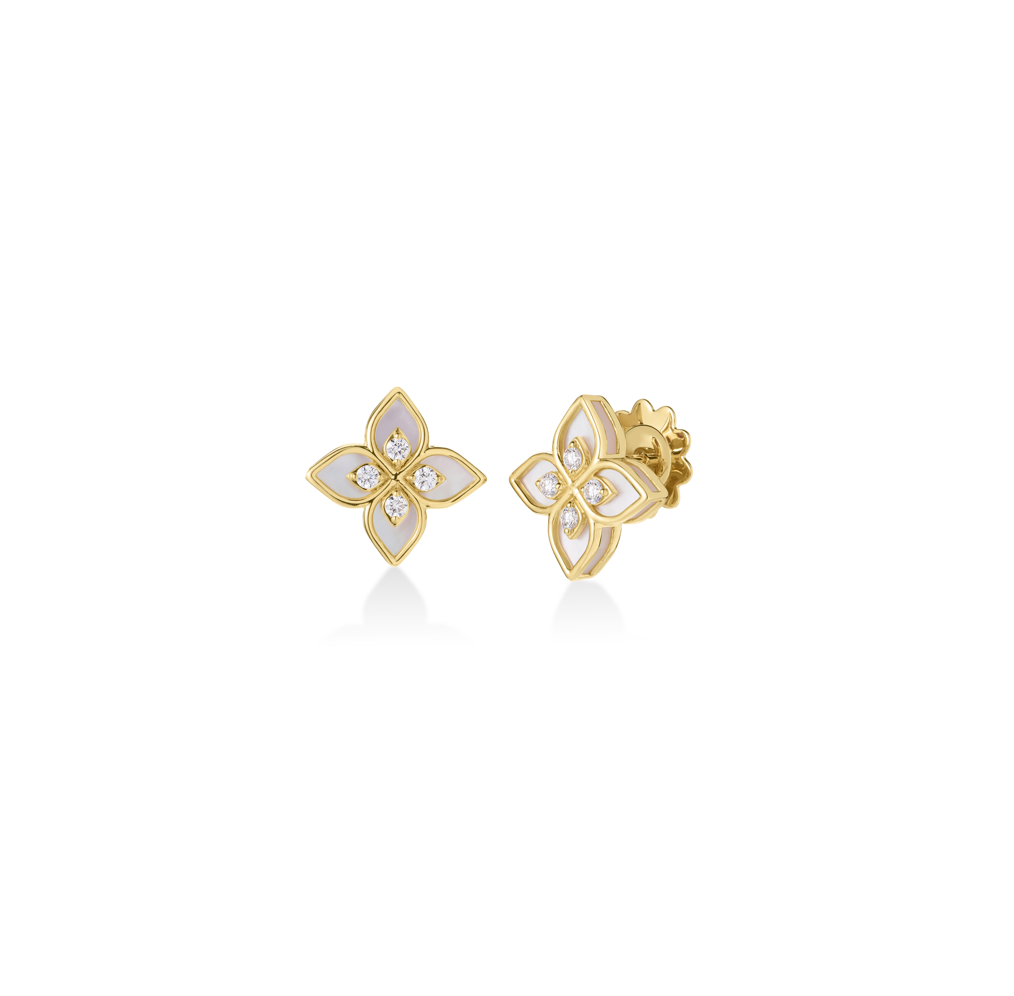 18k Yellow Gold Venetian Princess Diamond & Mother Of Pearl Flower Stud Earrings