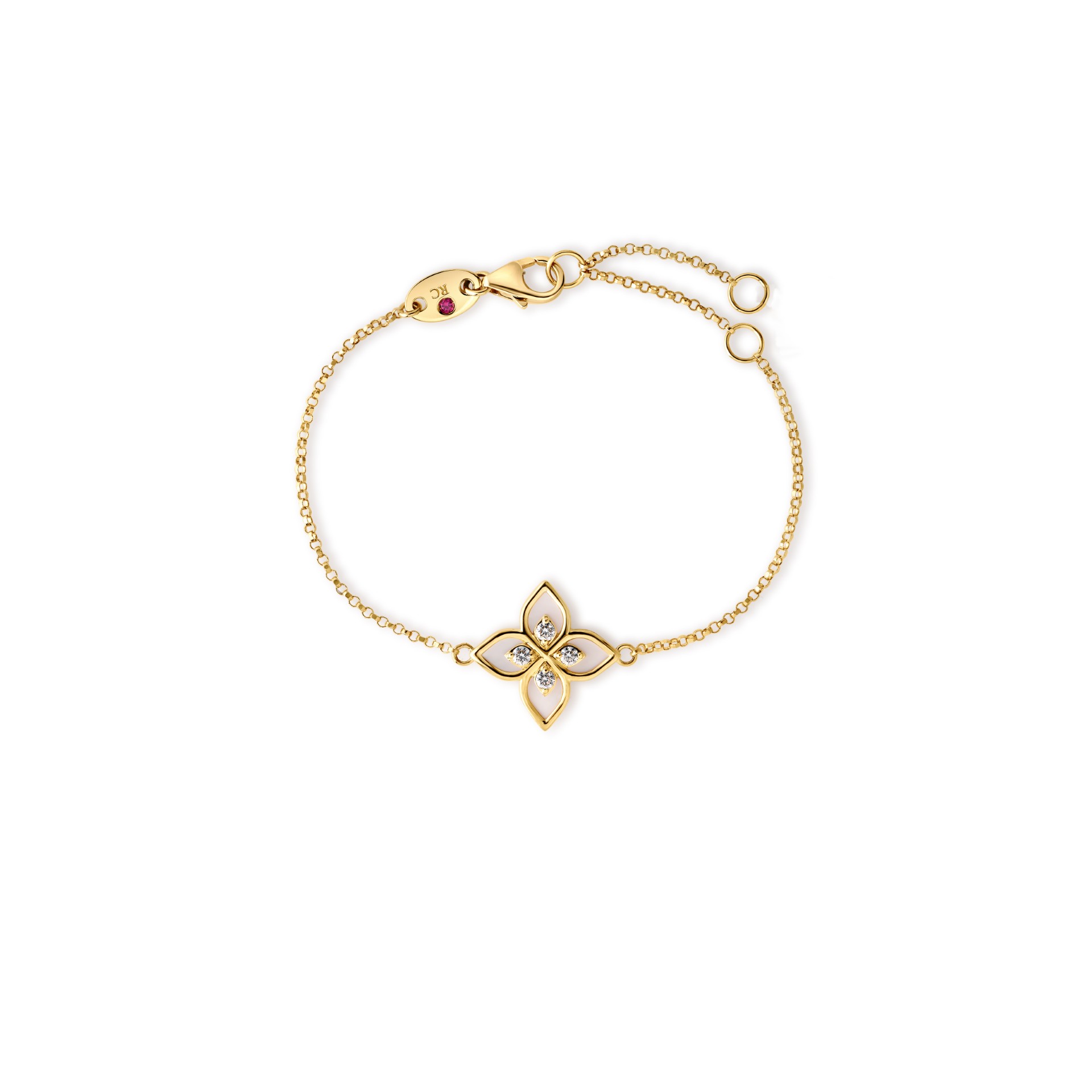 18k Yellow Gold Venetian Princess Diamond & Mother Of Pearl Flower Bracelet