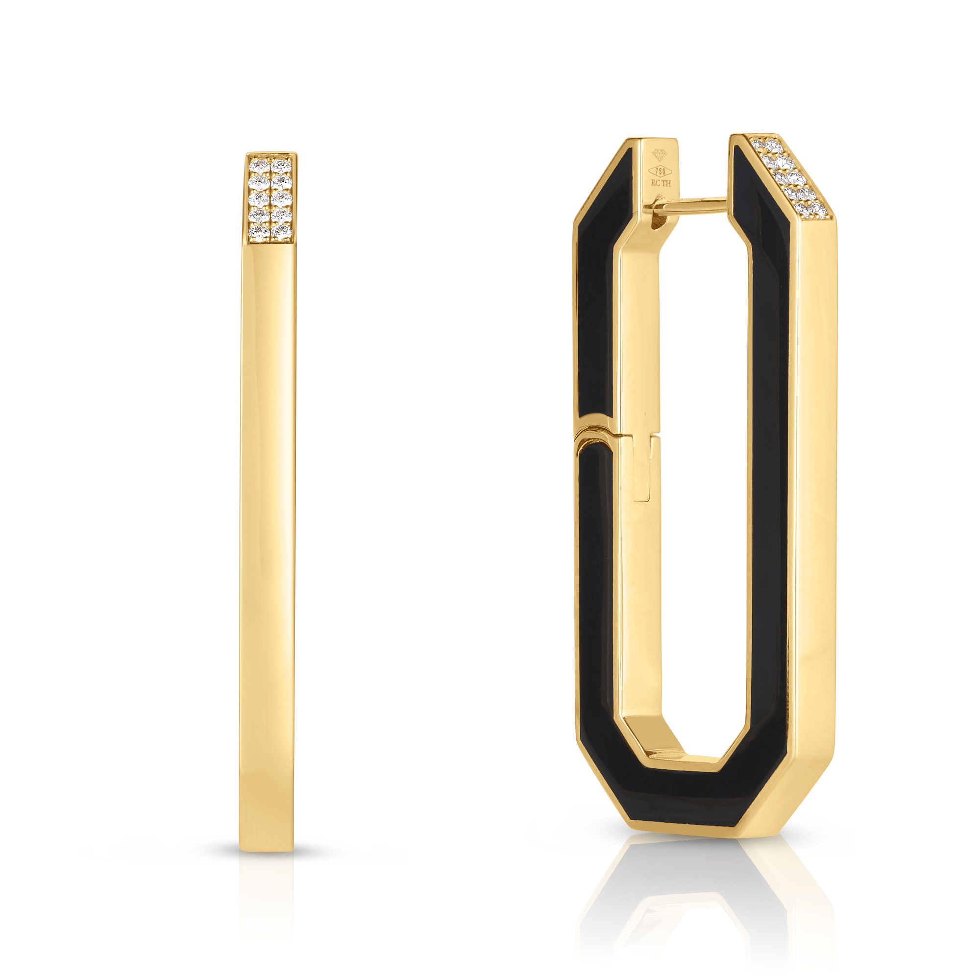 18k Yellow Designer Gold Black Ceramic And Diamond Accent Hoop Earrings