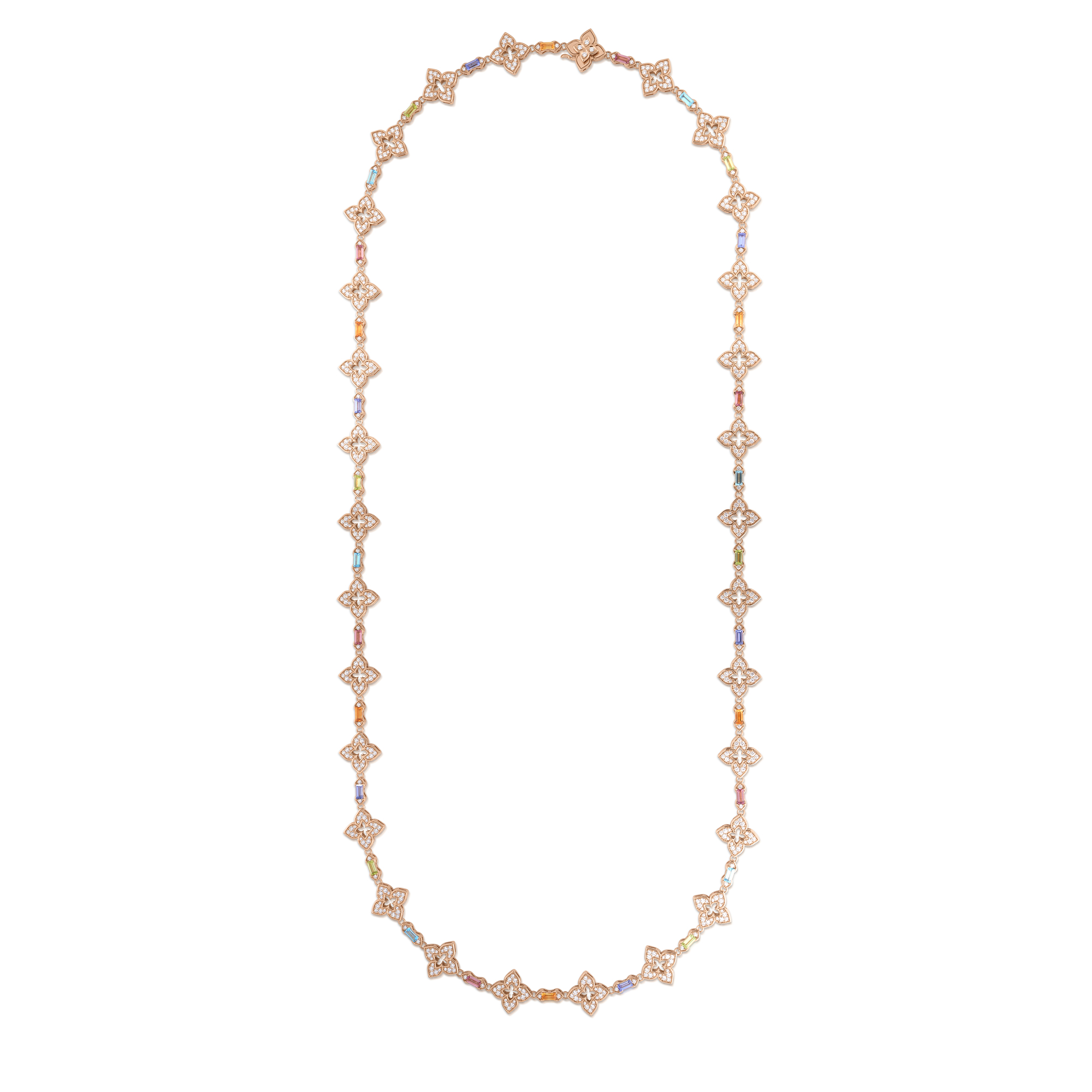 18k Rose Gold Venetian Princess Carnival Pave Diamond & Mixed Baguette (blue Topaz, Citrine, Peridot, Rubellite, & Tanzanite) Flower Long Necklace