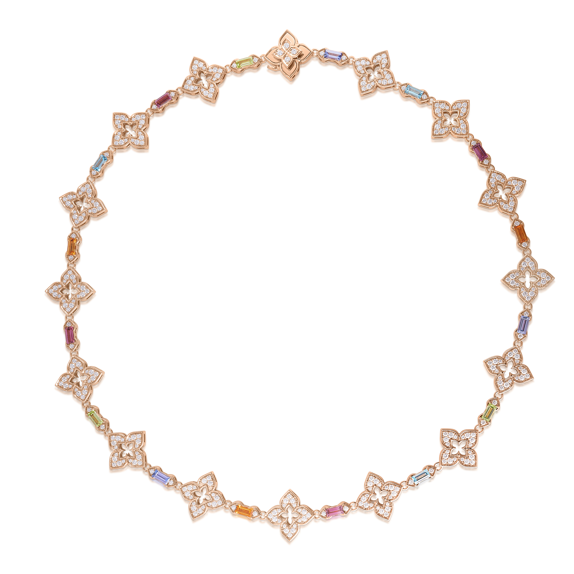 18k Rose Gold Venetian Princess Carnival Pave Diamond & Mixed Baguette (blue Topaz, Citrine, Peridot, Rubellite, & Tanzanite) Flower Necklace