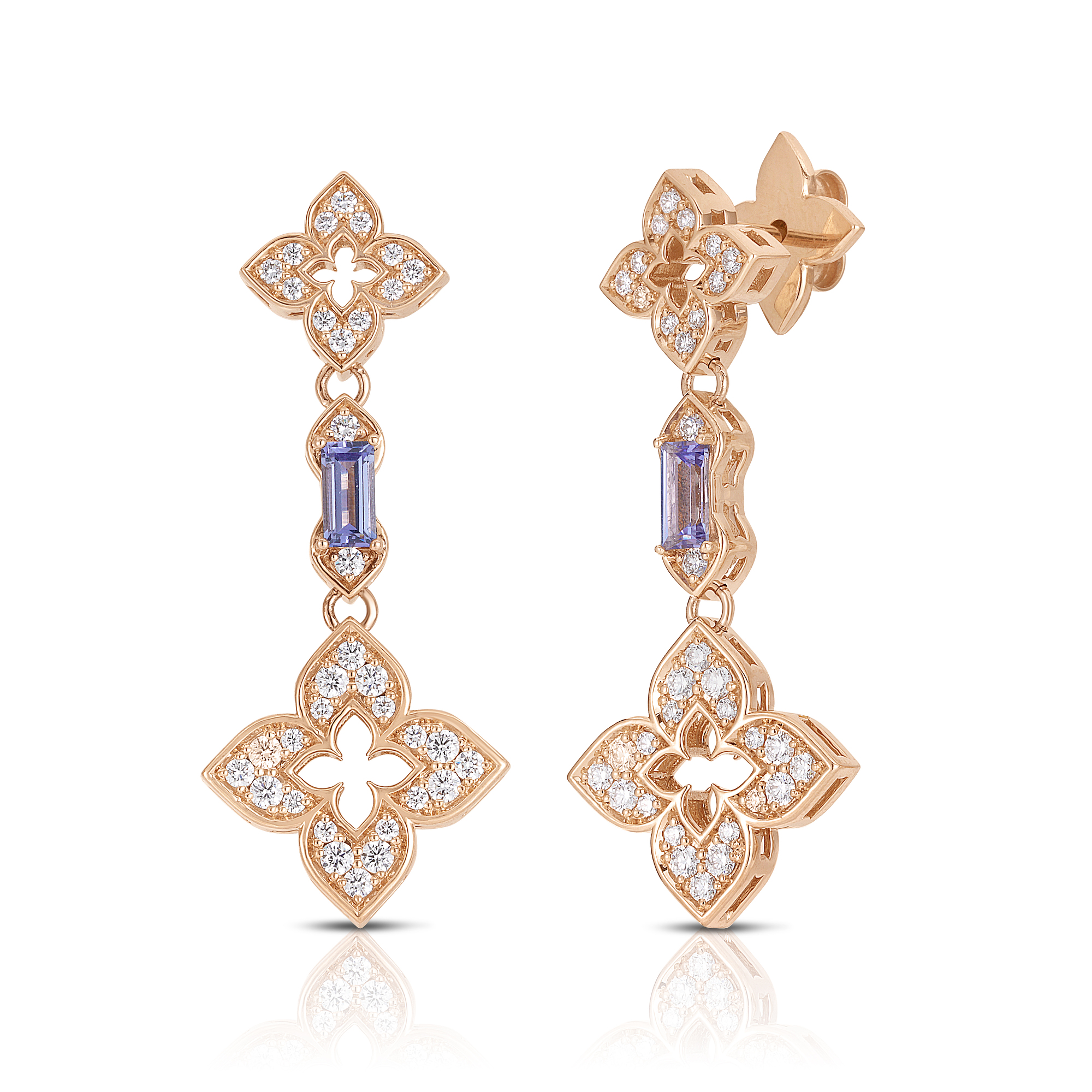 18k Rose Gold Venetian Princess Carnival Pave Diamond & Tanzanite Flower Dangle Earrings