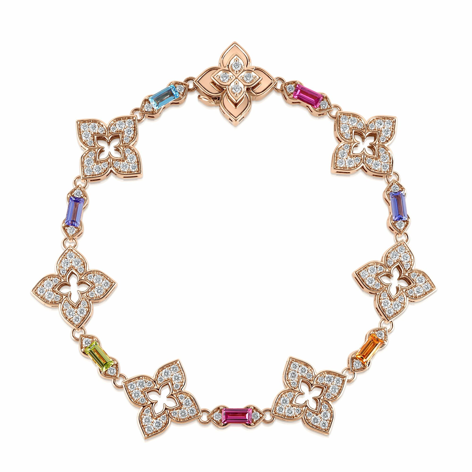 18k Rose Gold Venetian Princess Carnival Pave Diamond & Mixed Baguette (blue Topaz, Citrine, Peridot, Rubellite, & Tanzanite) Flower Bracelet