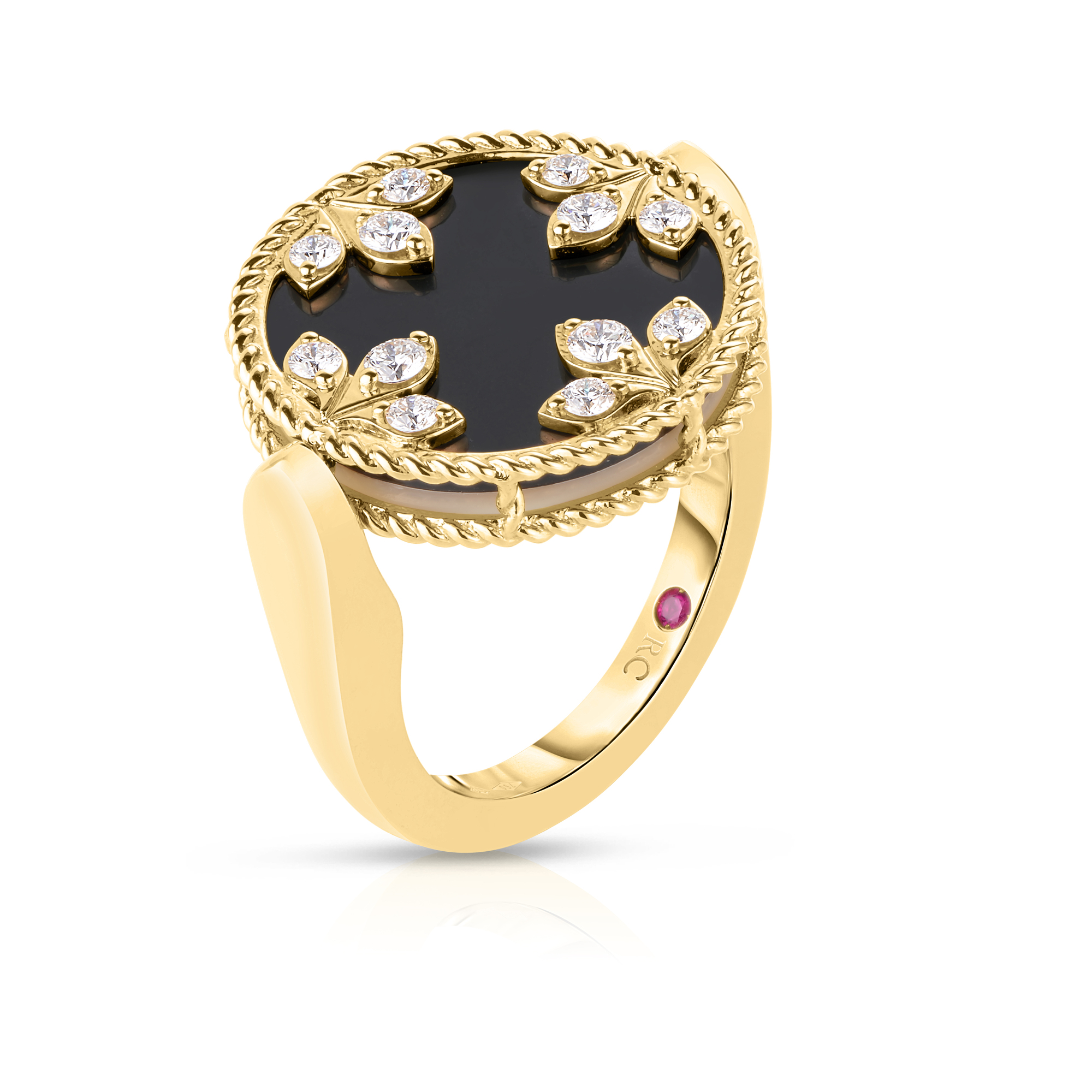 18k Yellow Gold Venetian Medallions Diamond, Black Jade, & Mother Of Pearl Reversible Ring