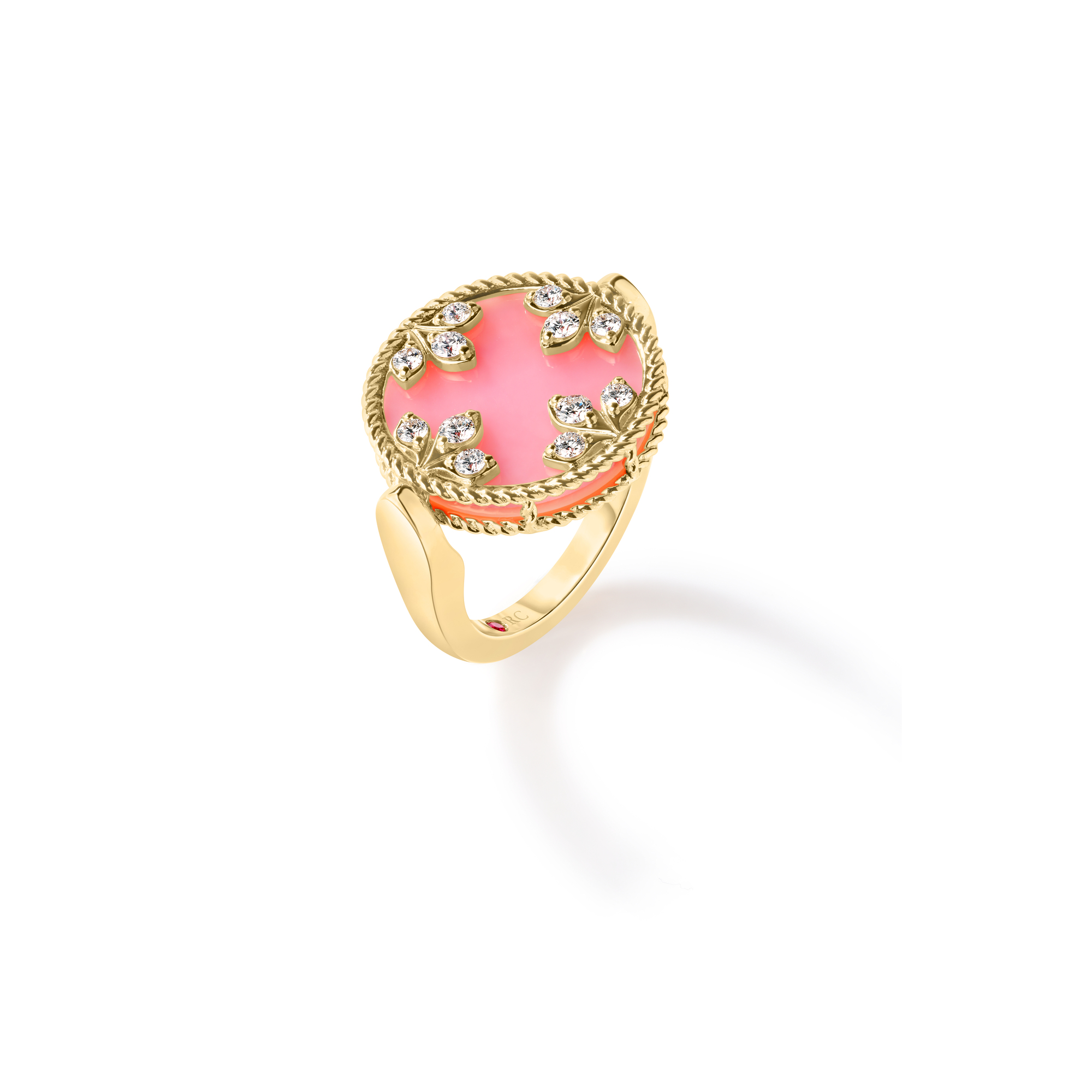 18k Yellow Gold Venetian Medallions Diamond, Pink Opal, & Mother Of Pearl Reversible Ring