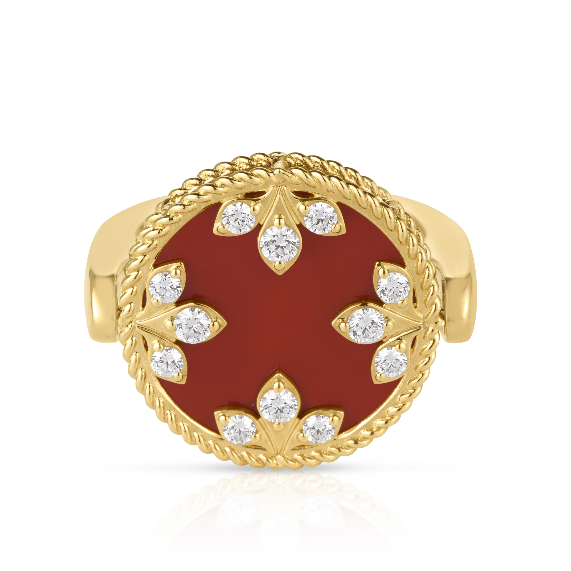 18k Yellow Gold Venetian Medallions Diamond, Red Agate, & Mother Of Pearl Reversible Ring