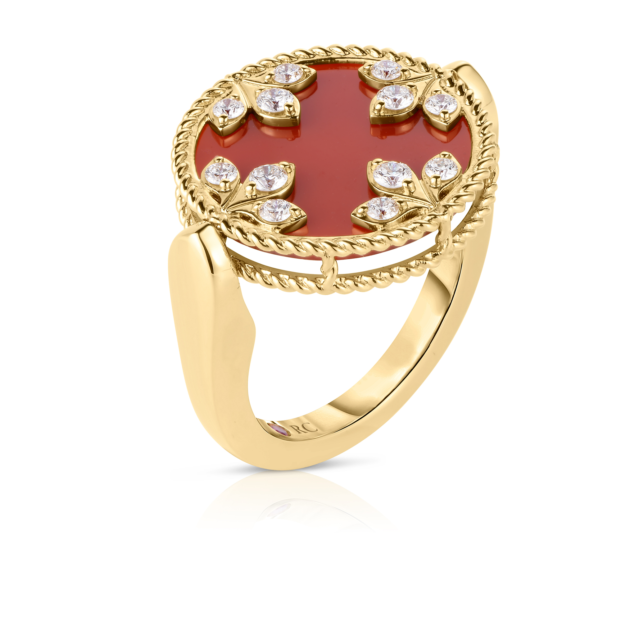 18k Yellow Gold Venetian Medallions Diamond, Red Agate, & Mother Of Pearl Reversible Ring