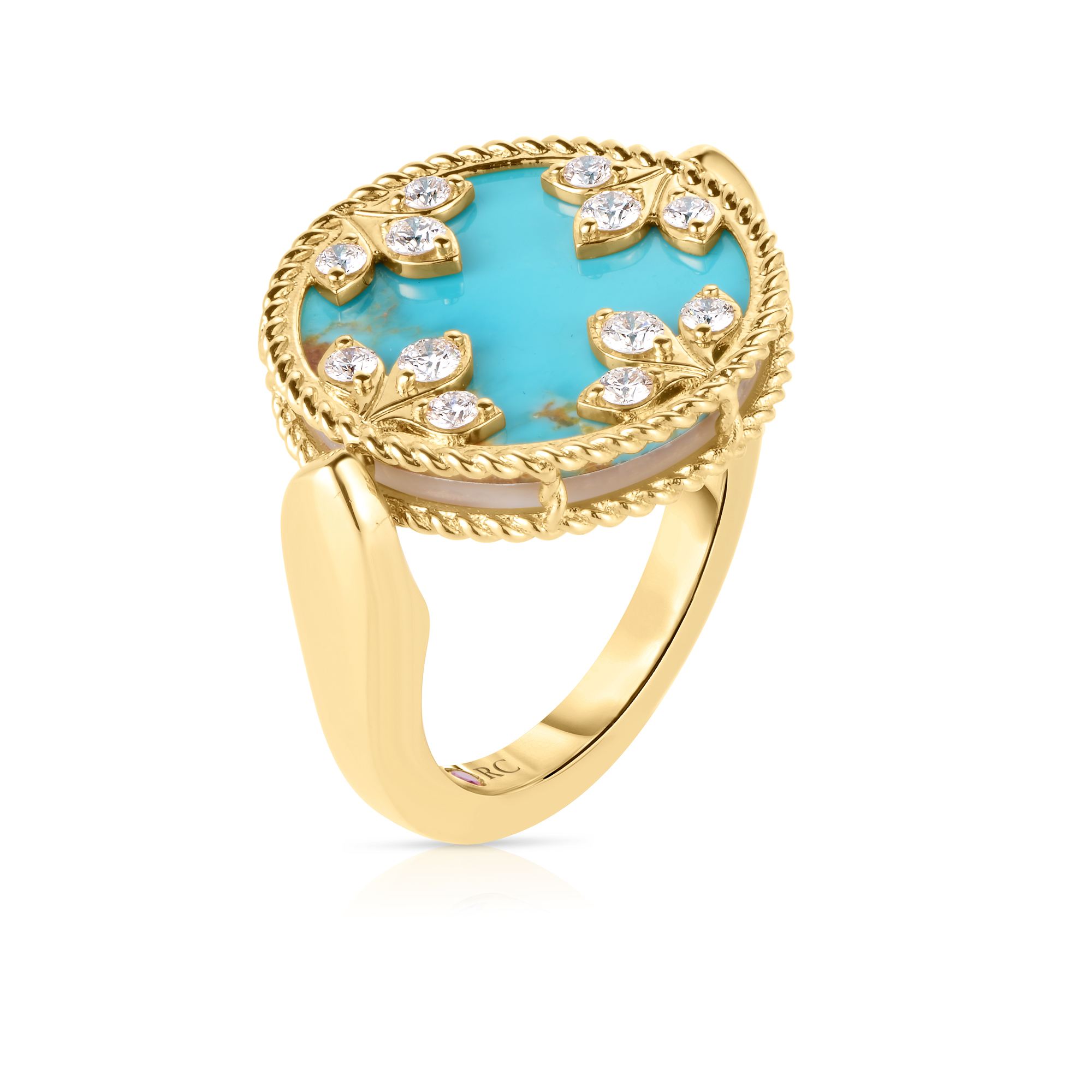 18k Yellow Gold Venetian Medallions Diamond, Turquoise, & Mother Of Pearl Reversible Ring