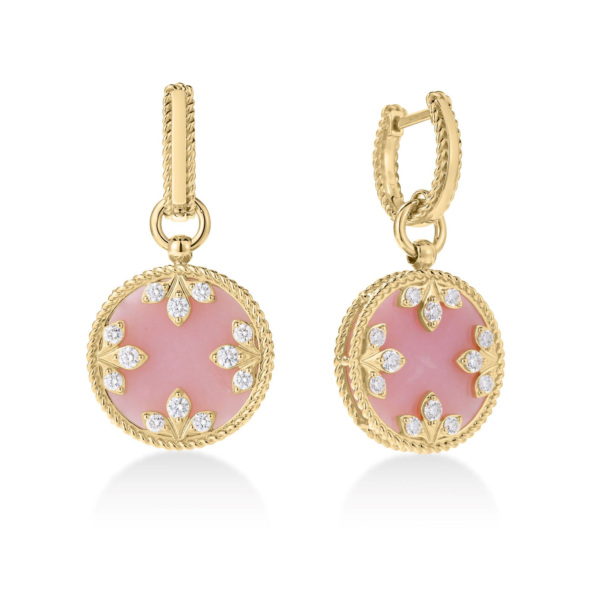 18k Yellow Gold Venetian Medallions Medium Diamond And Pink Opal Dangle Earrings