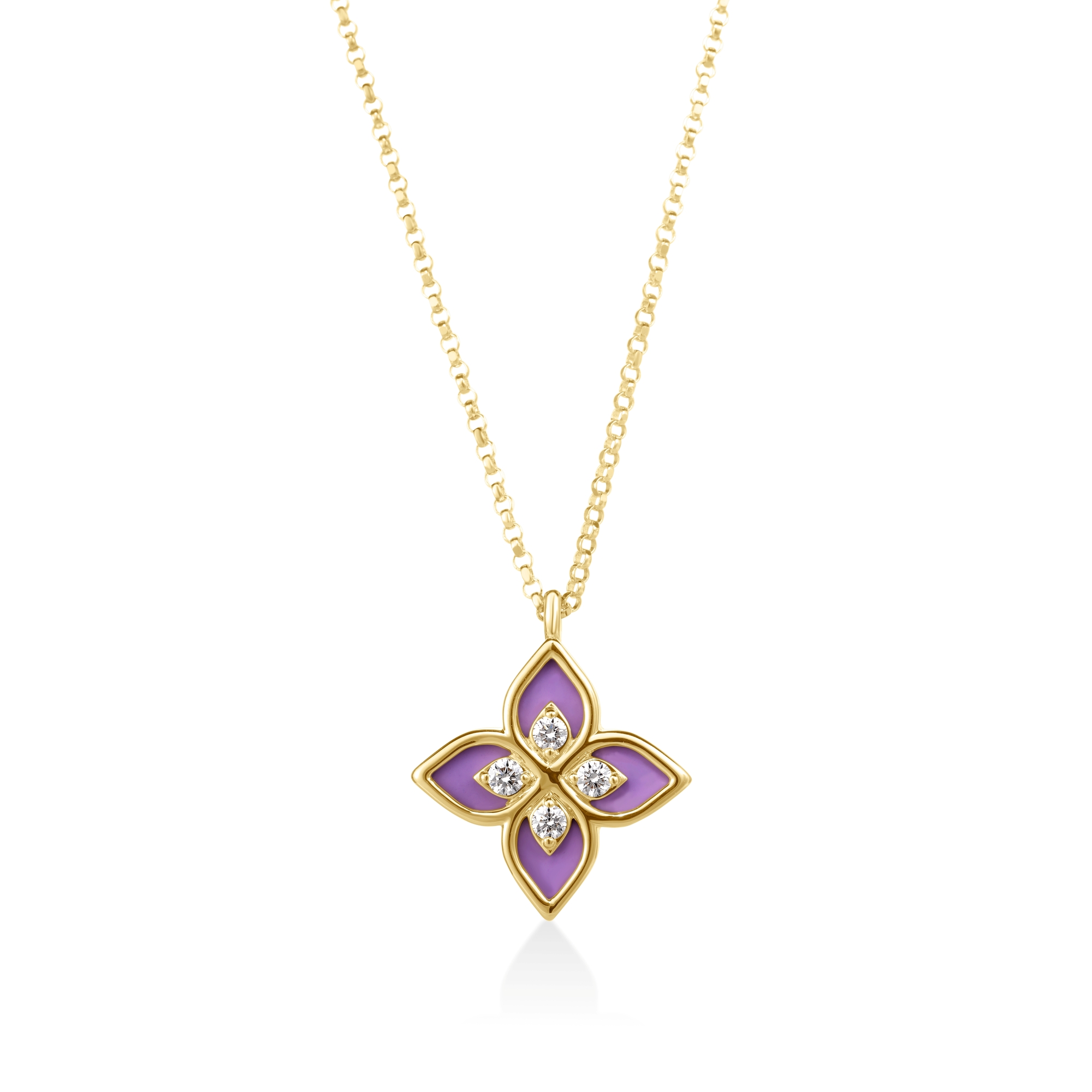 18k Yellow Gold Venetian Princess Diamond & Lavender Enamel Flower Necklace