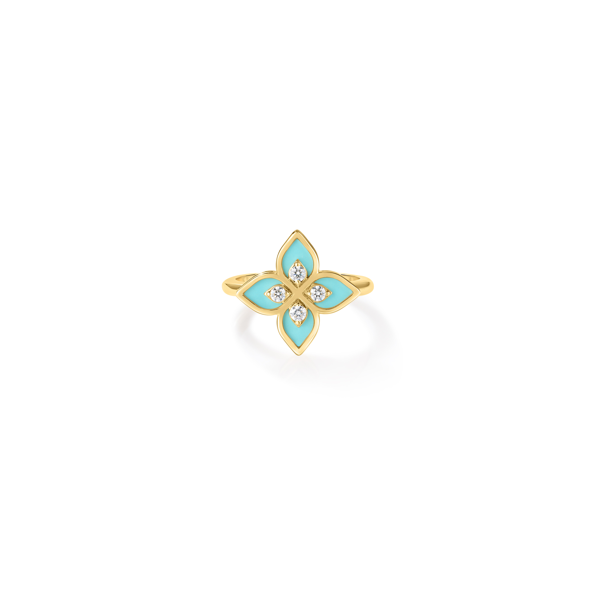 18k Yellow Gold Venetian Princess Diamond & Cyan Enamel Flower Ring