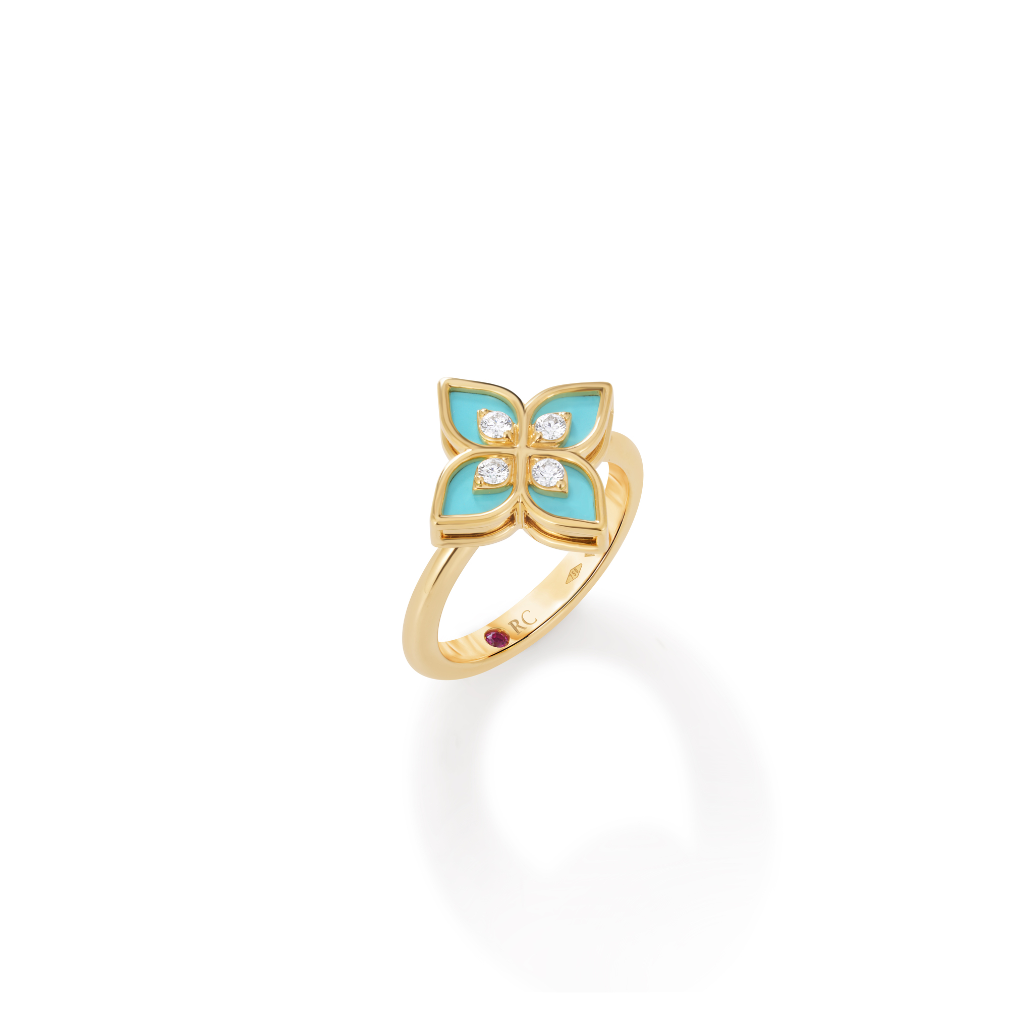 18k Yellow Gold Venetian Princess Diamond & Cyan Enamel Flower Ring