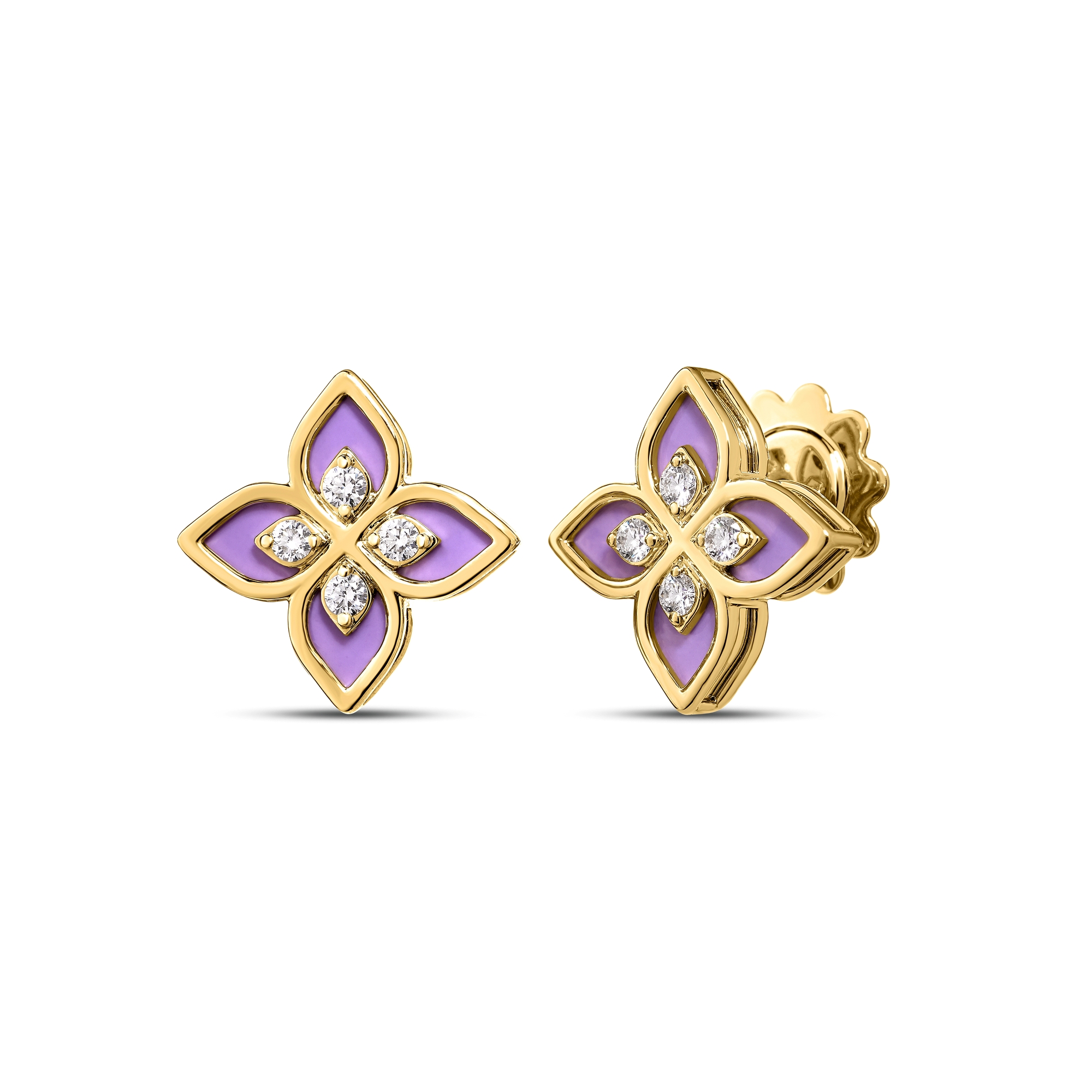 18k Yellow Gold Venetian Princess Diamond & Lavender Enamel Flower Stud Earrings