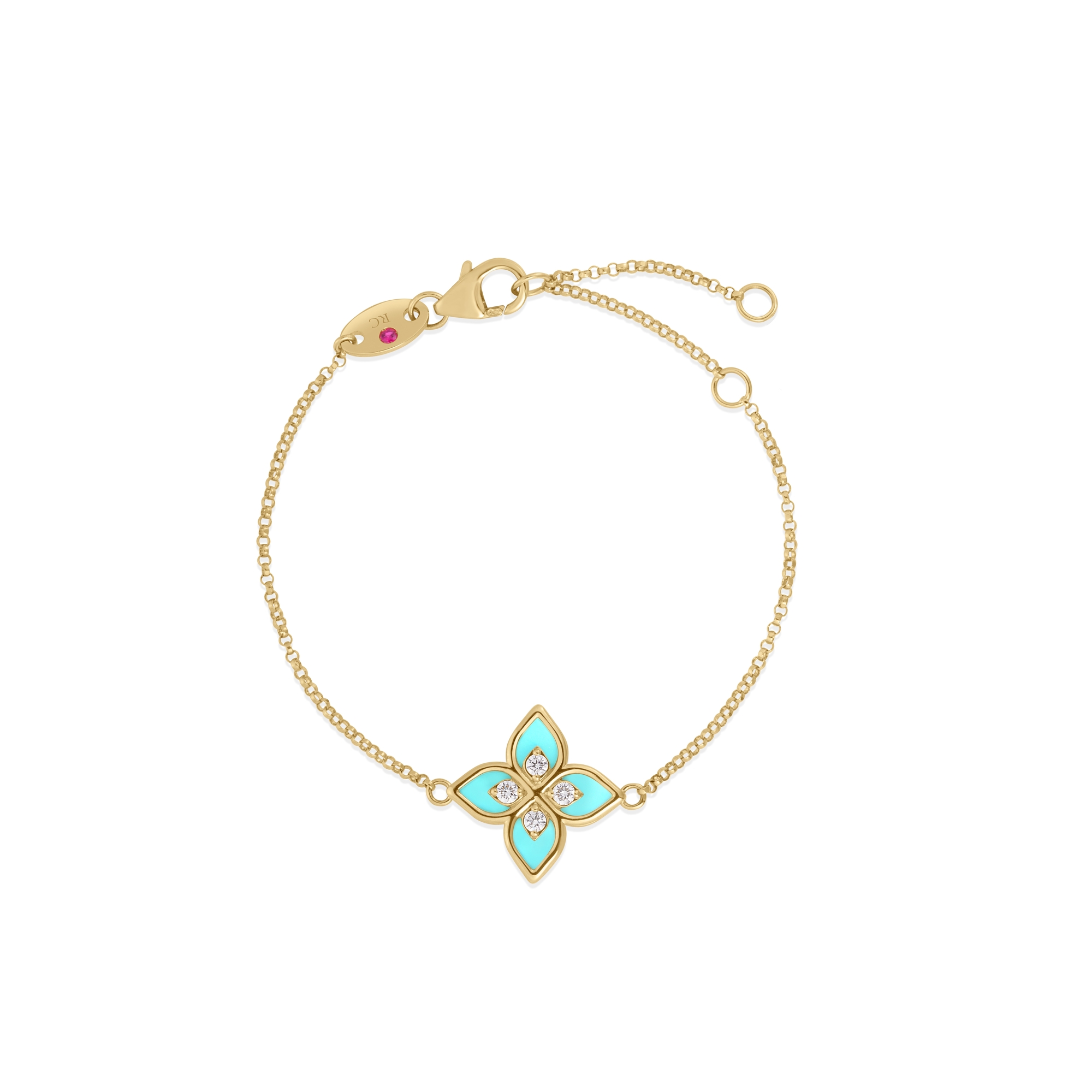 18k Yellow Gold Venetian Princess Diamond & Cyan Enamel Flower Bracelet