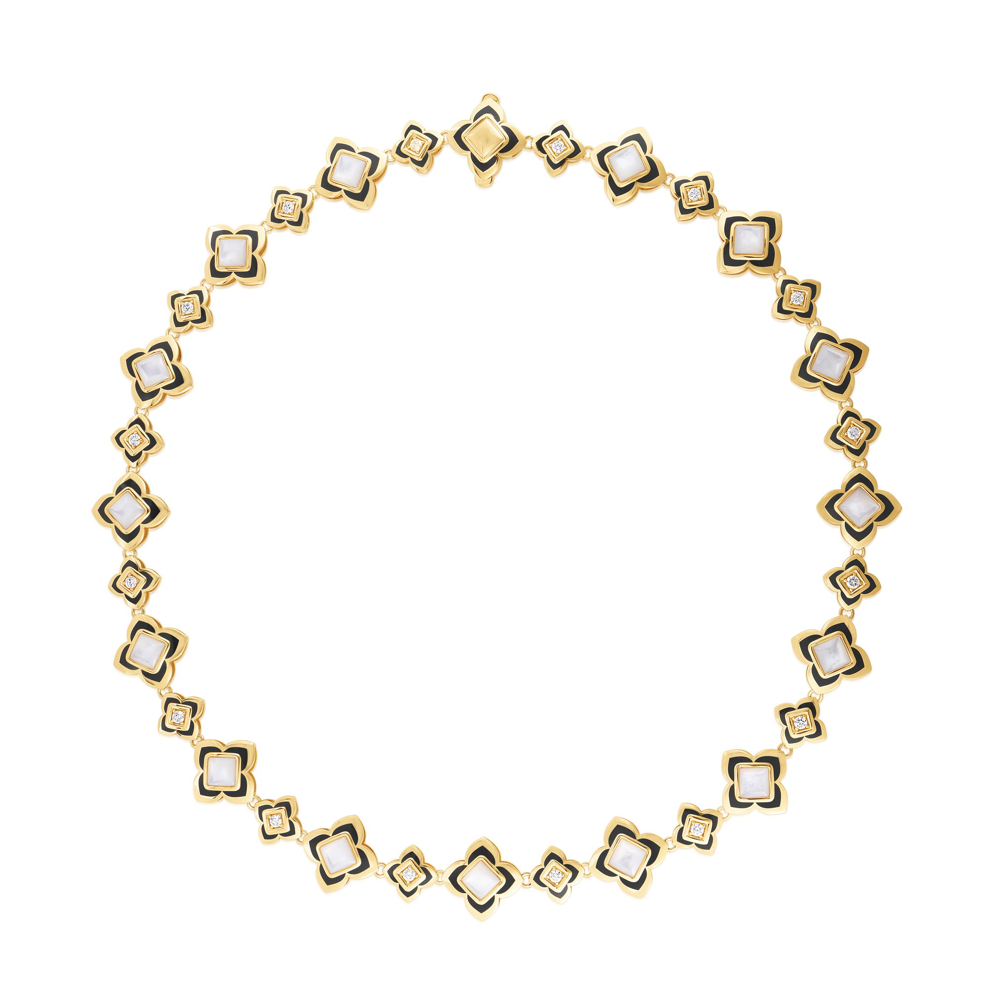 18k Yellow Gold Palazzo Ducale Carnival Black Enamel, Diamond, & Mother Of Pearl Flower Necklace