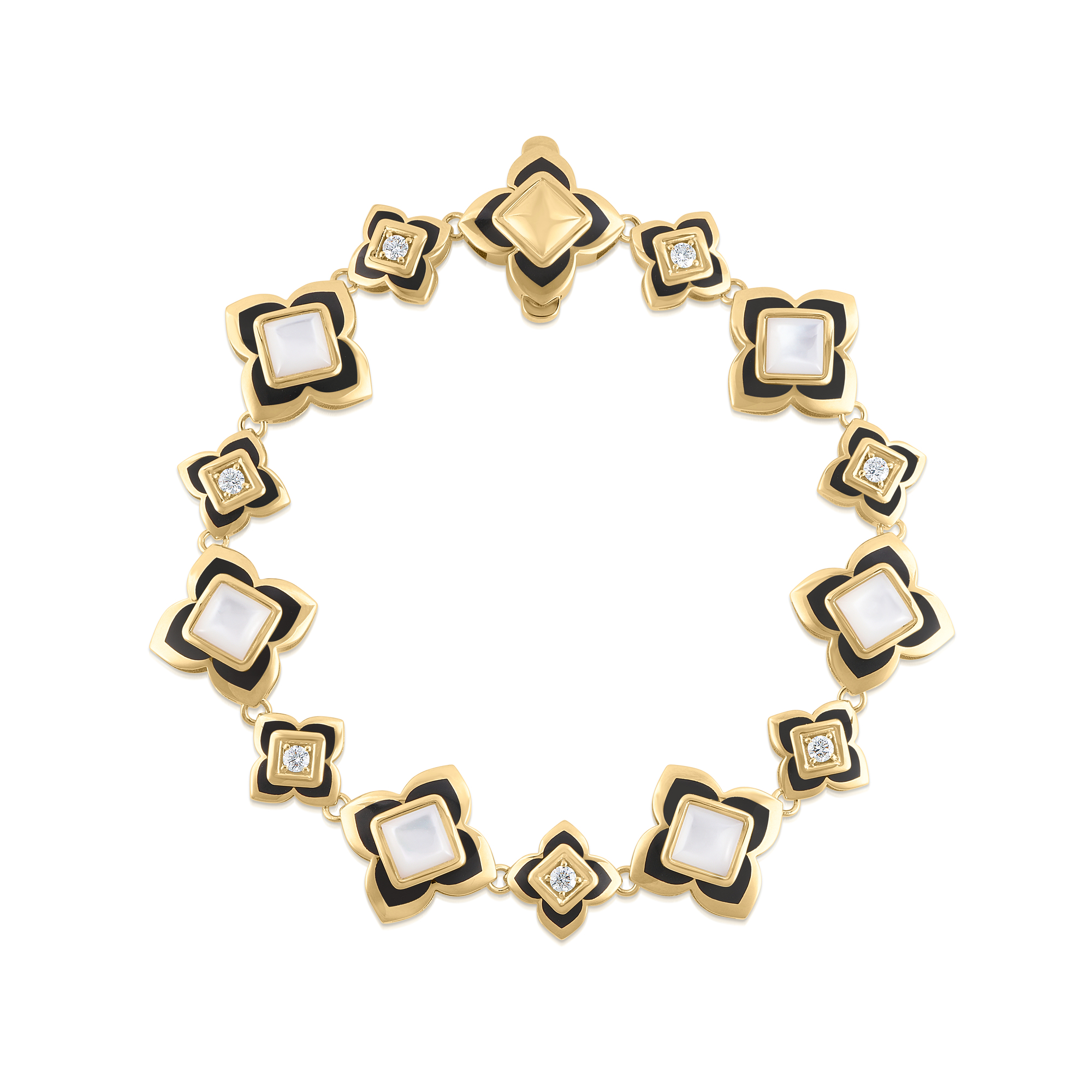 18k Yellow Gold Palazzo Ducale Carnival Black Enamel, Diamond, & Mother Of Pearl Flower Bracelet