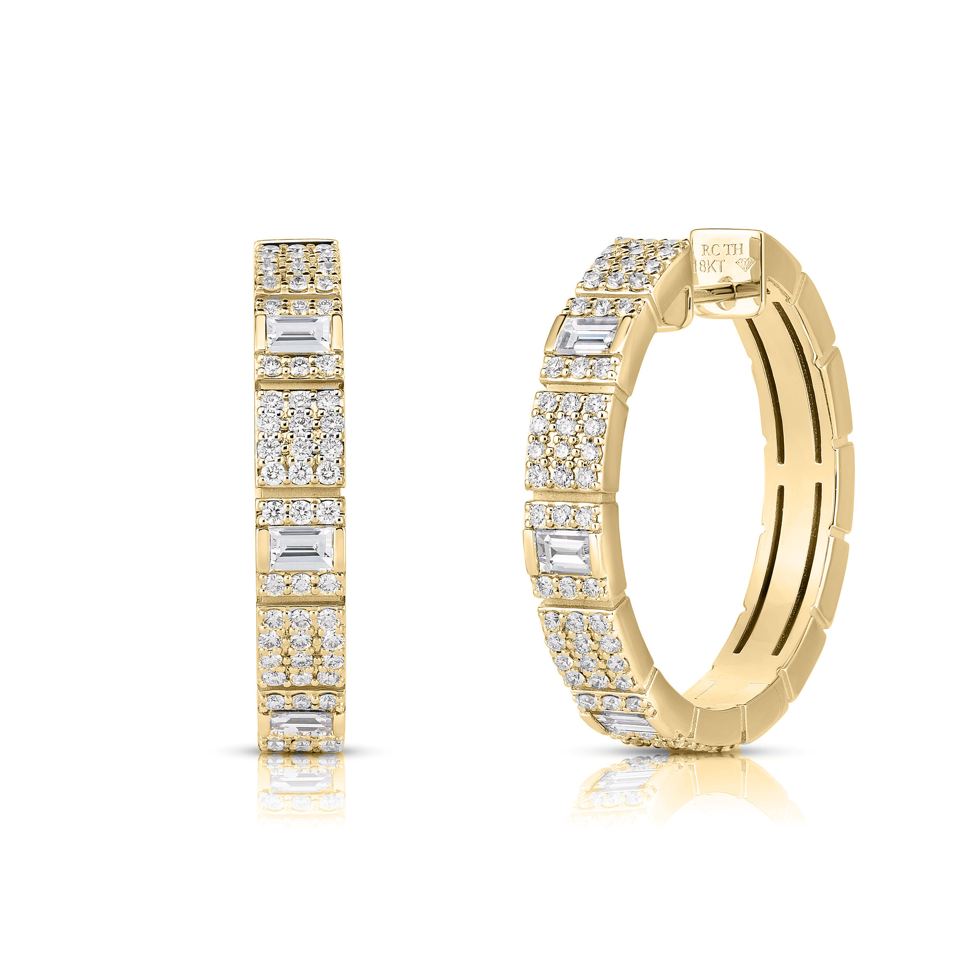 18k Yellow Gold Obelisco Mixed Cut Pave Diamond Hoop Earrings