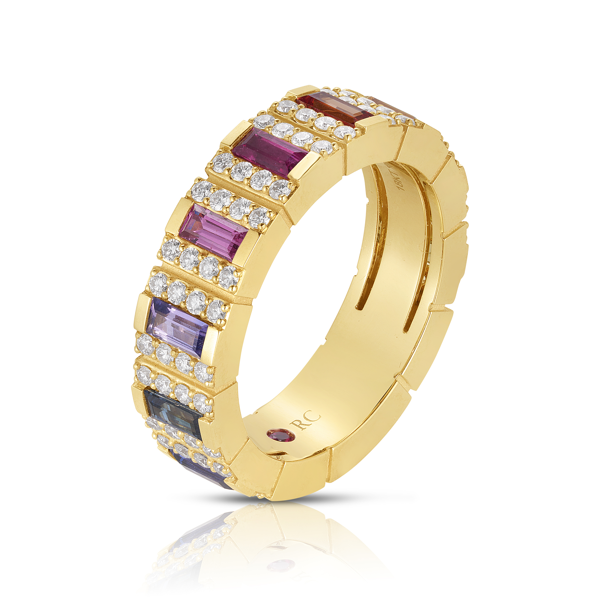 18k Yellow Gold Obelisco Pave Diamond & Mixed Sapphires (blue, Green, Orange, Pink, & Yellow) Ring