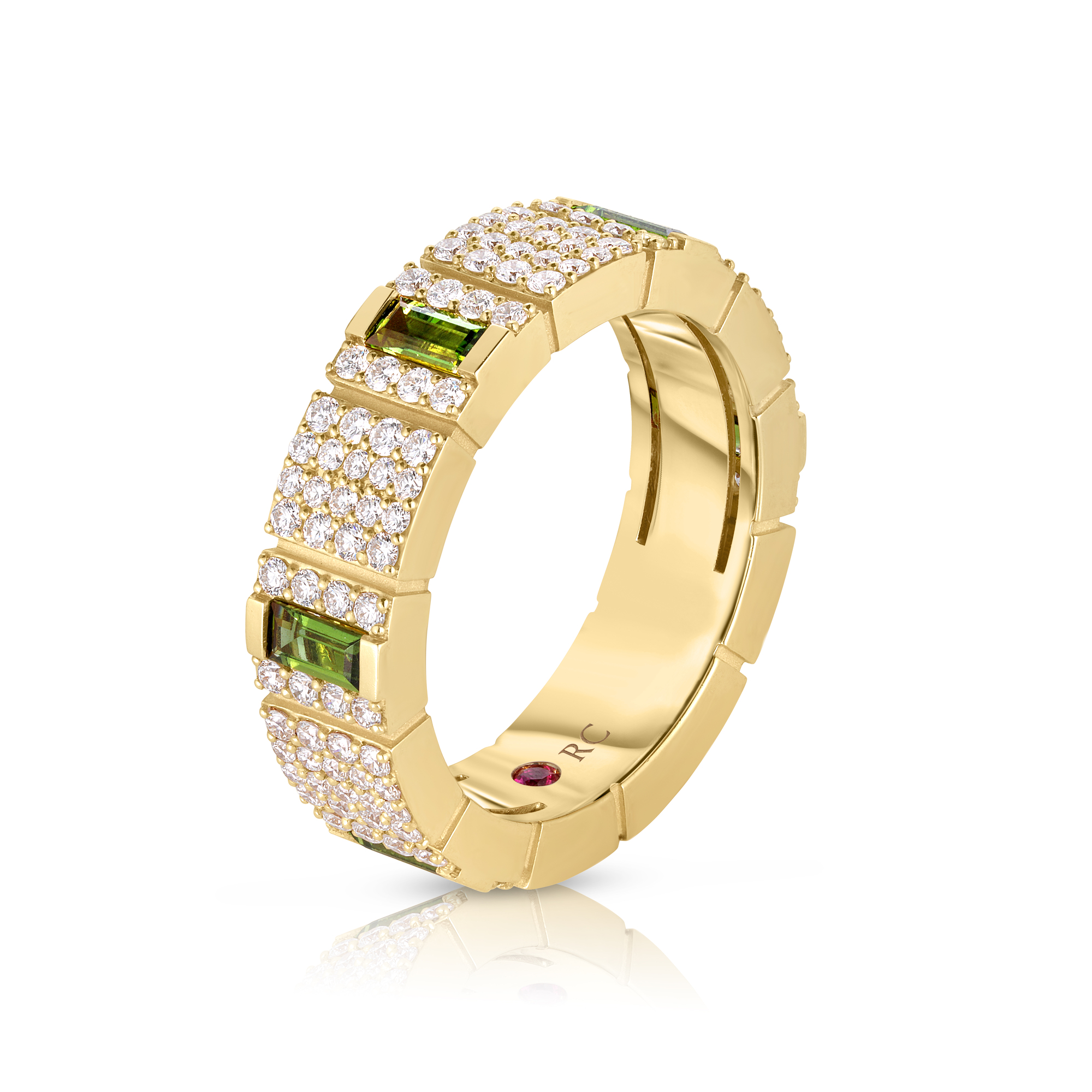 18k Yellow Gold Obelisco Pave Diamond And Green Tourmaline Ring