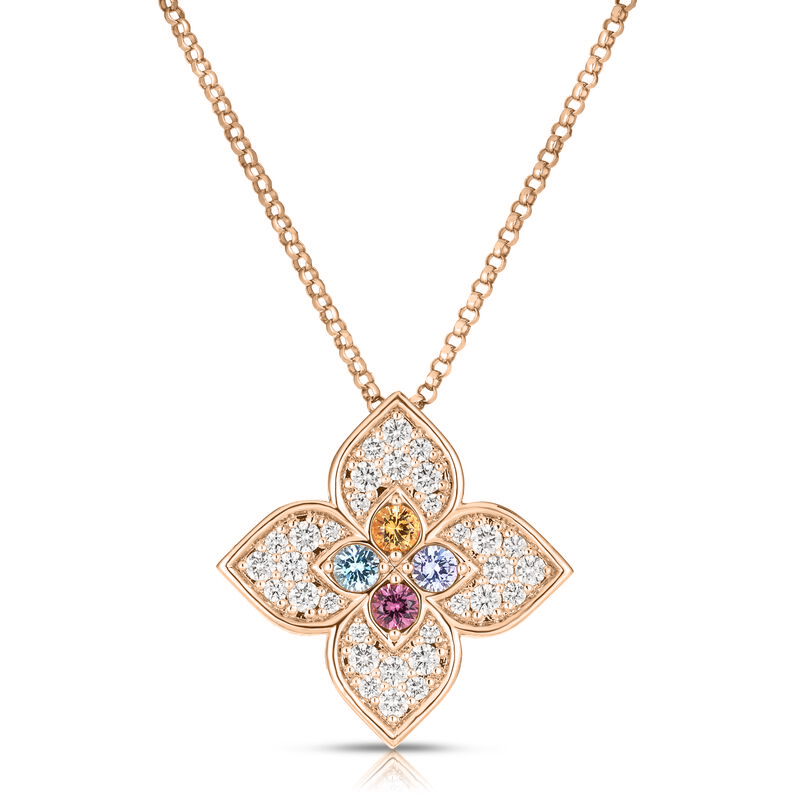 18k Rose Gold Venetian Princess Carnival Pave Diamond & Mixed Stones (blue Topaz, Citrine, Rubellite, & Tanzanite) Large Flower Necklace