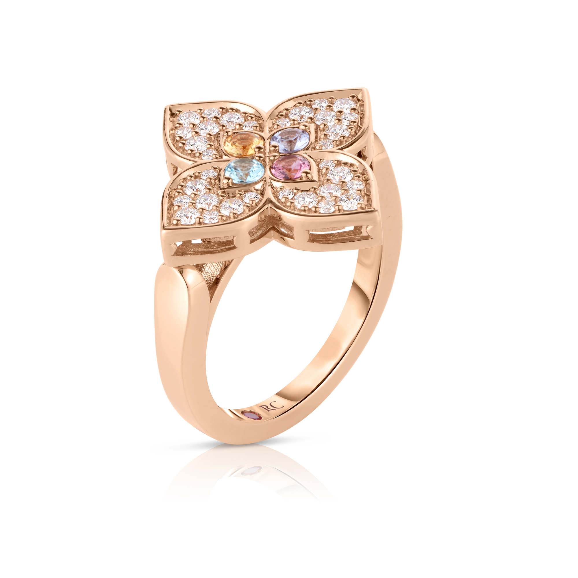 18k Rose Gold Venetian Princess Carnival Pave Diamond & Mixed Stones (blue Topaz, Citrine, Rubellite, & Tanzanite) Large Flower Ring