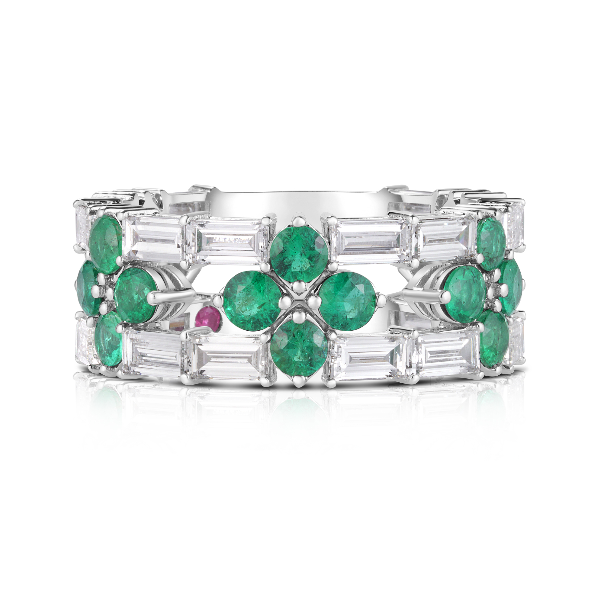 18k White Gold Love In Verona Diamond And Green Emerald Open Frame Ring
