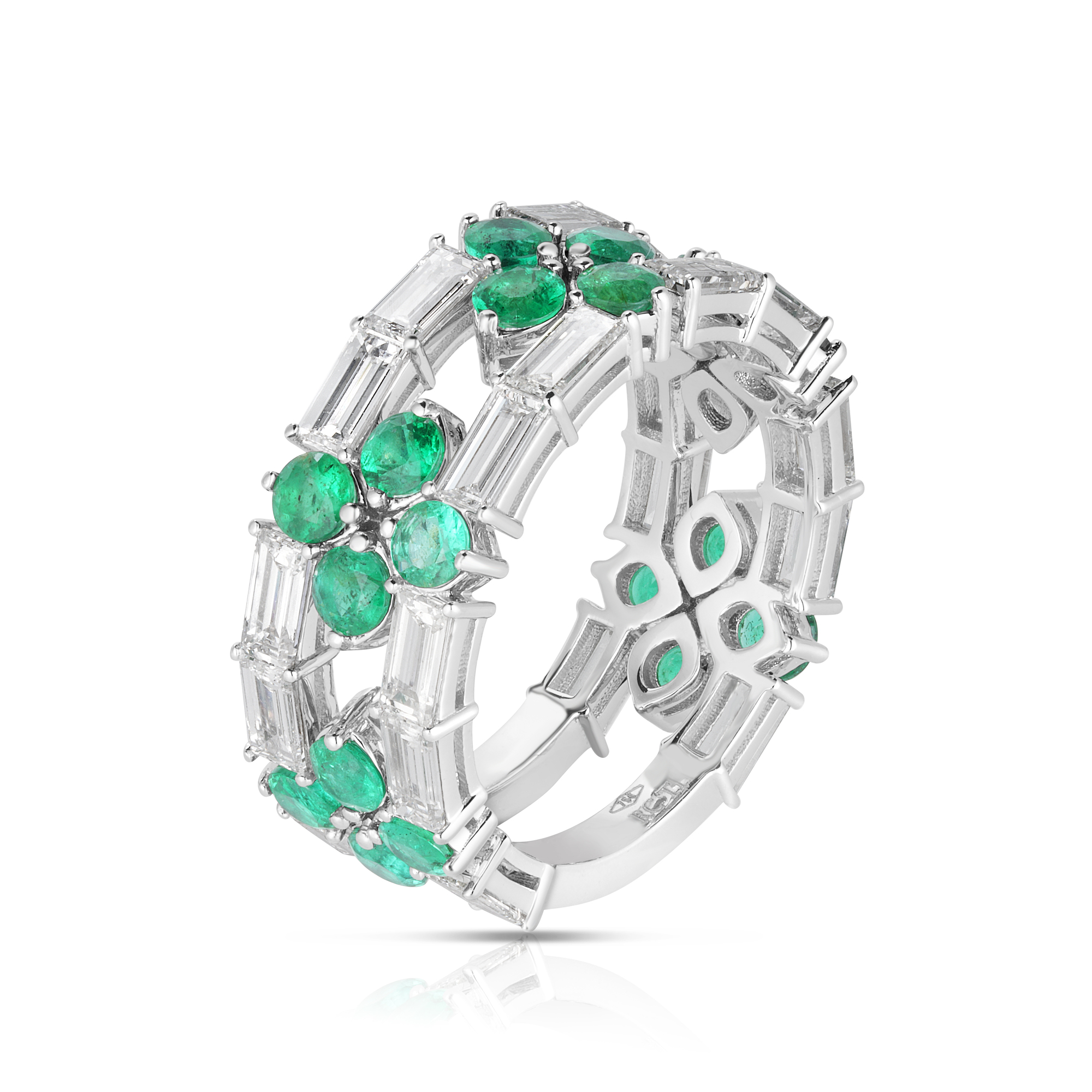 18k White Gold Love In Verona Diamond And Green Emerald Open Frame Ring
